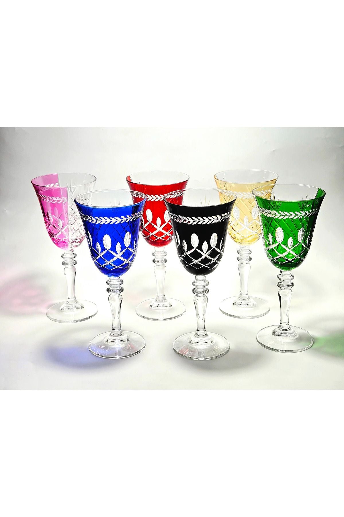 El Yapımı Kristal River Çift Renk Dekoratif Sunumluk Kadeh Seti 6'lı