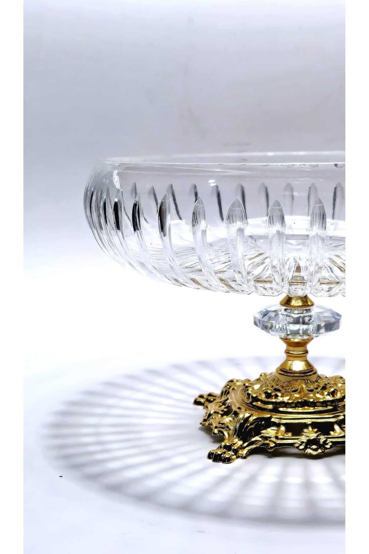 22cm Kesme Kristal Dekor Gold Ayak Cam Kase Vertical Desen