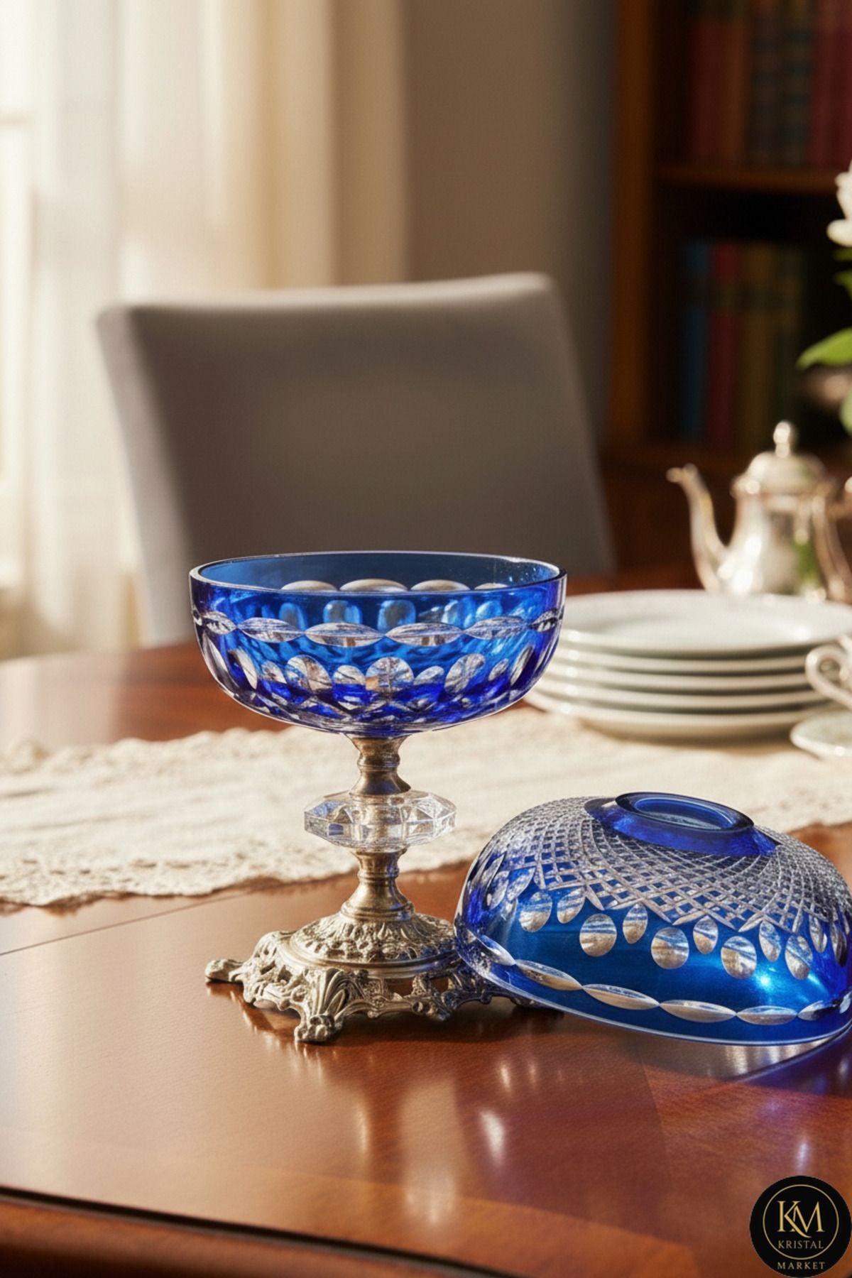 El Yapımı Kesme Kristal Royal Desen Dekoratif Sunumluk Kapalı Peçetelik Mumluk