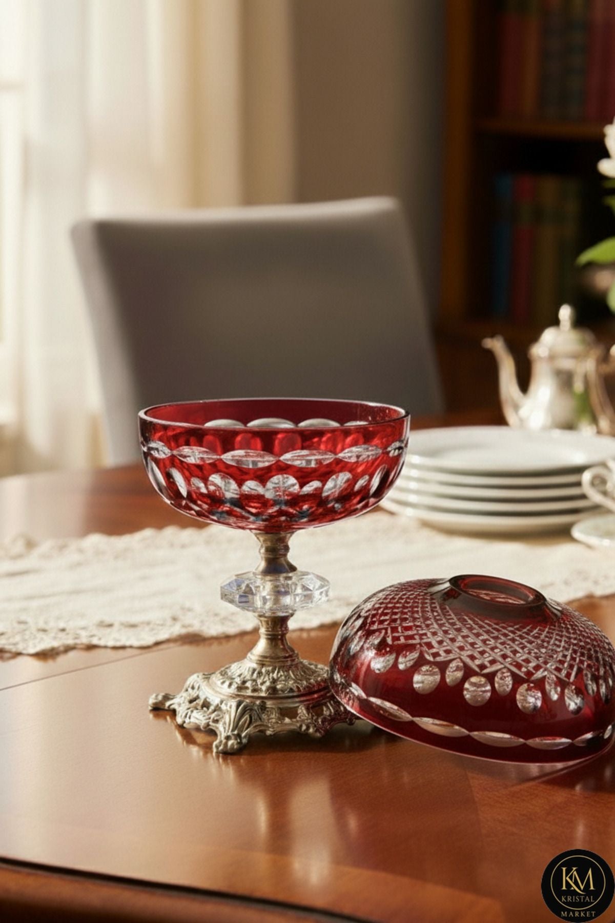 El Yapımı Kesme Kristal Royal Desen Dekoratif Sunumluk Kapalı Peçetelik Mumluk Ürün ana görseli