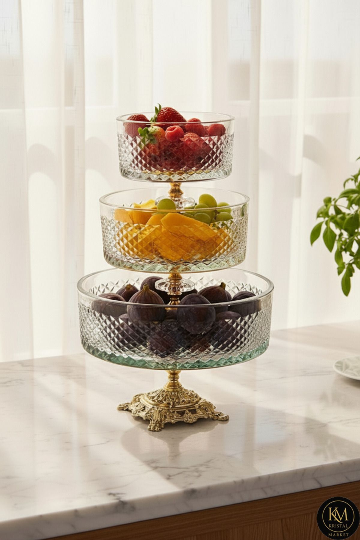 El Yapımı Kristal Karizma Desenli 25-19-16 Cm Dekoratif Sunumluk Ayaklı Kase Set 3'lü Ürün ana görseli