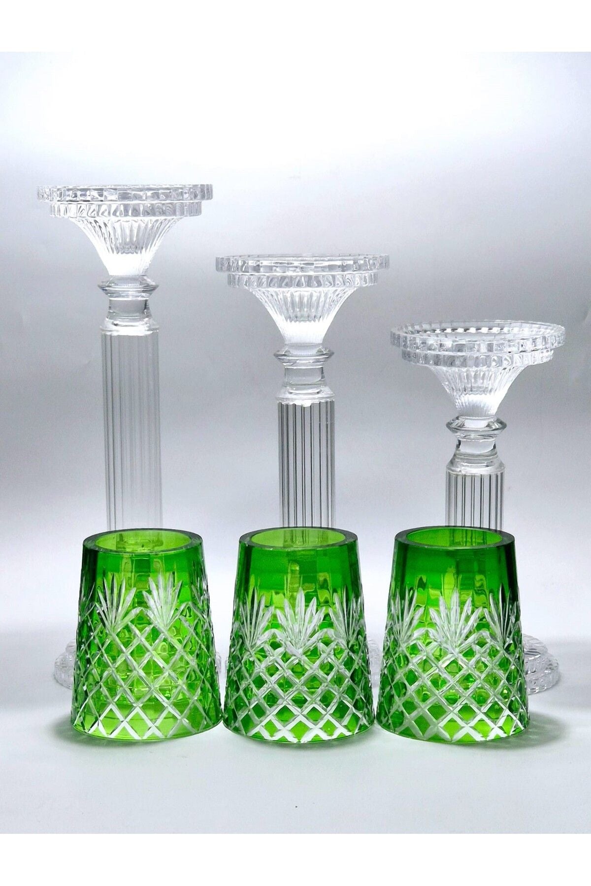 El Yapımı Kristal Desenli Yeşil Lüks Mumluk Şamdan Set 3'lü Ürün ana görseli