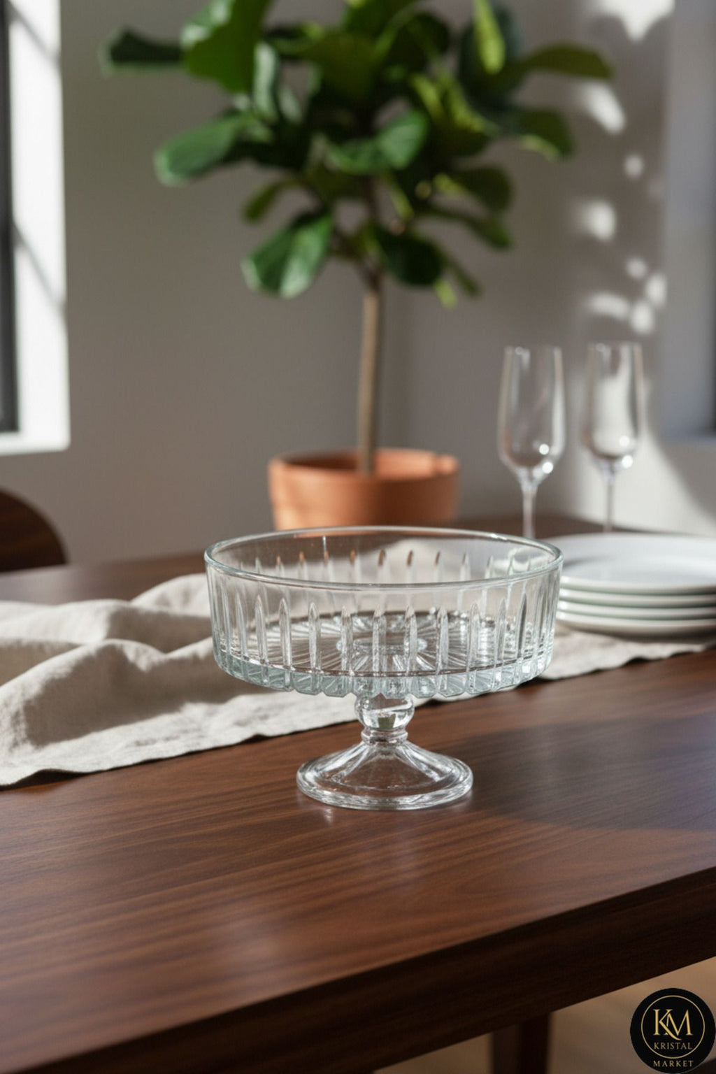 Kristal Kesme Dekor Sofra Kase Sunumluk Meyvelik 25cm Vertical Desen