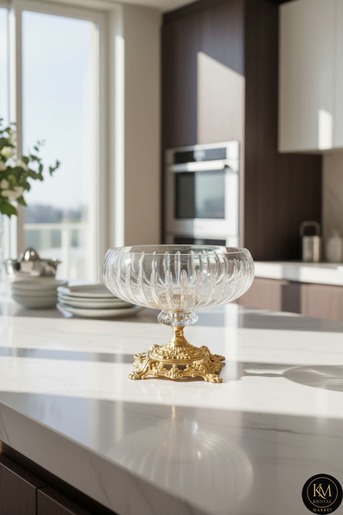 18 Cm Kesme Kristal Dekor Gold Ayak Cam Kase Vertical Desen