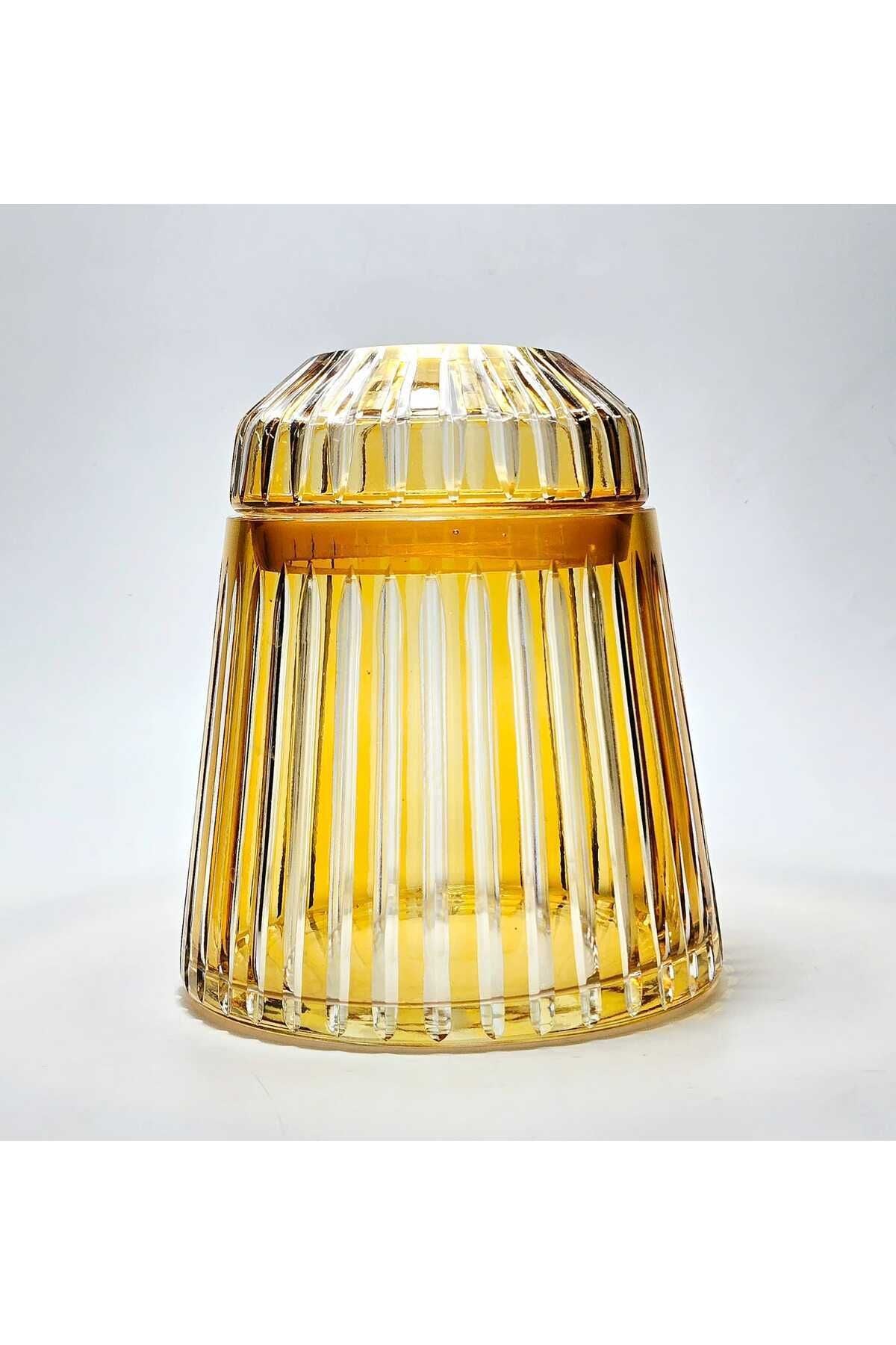 El Yapımı Kesme Kristal Merkür Vertical Desen Dekoratif Sunumluk Kapalı Peçetelik Mumluk Amber