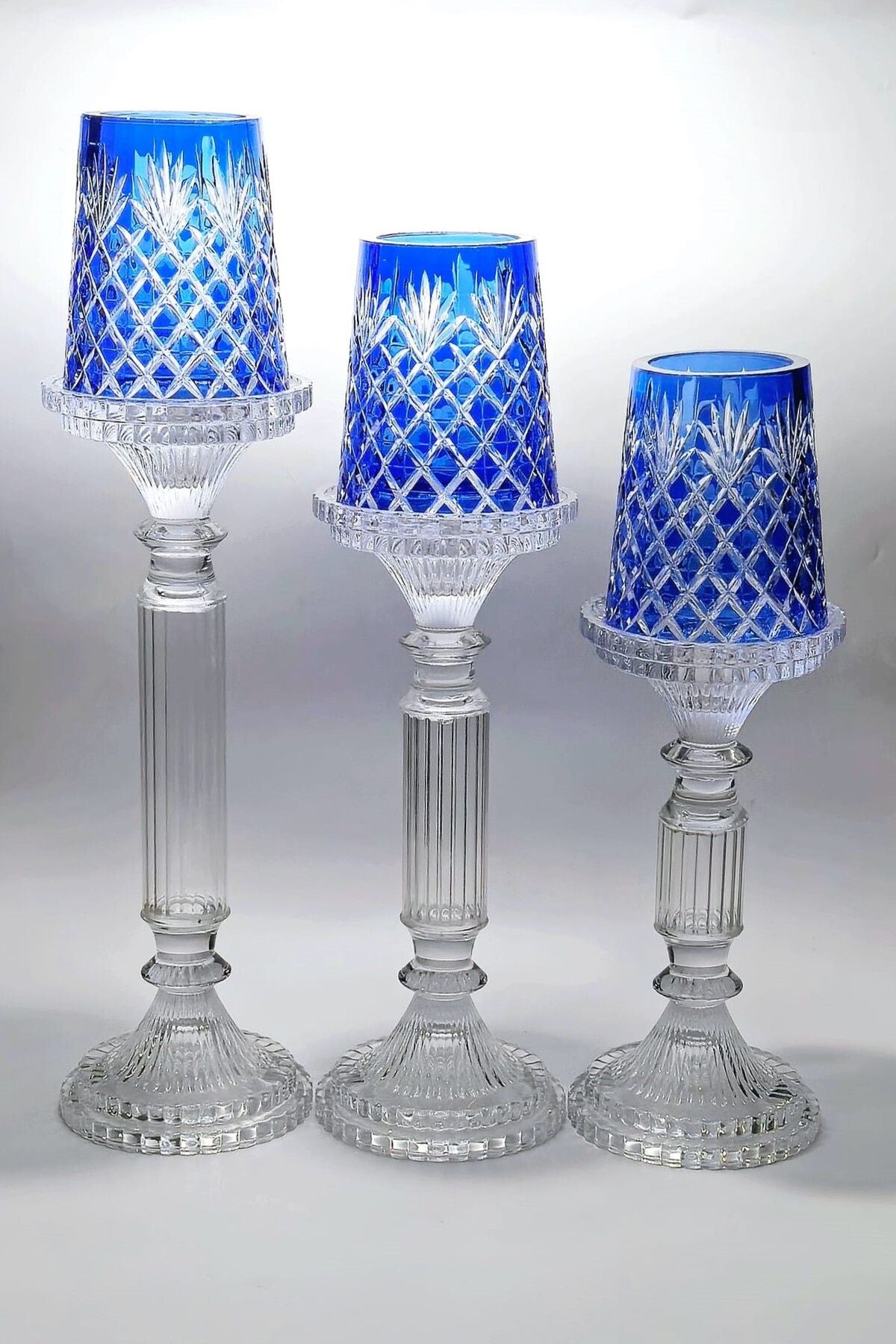 El Yapımı Kristal Desenli Mavi Lüks Mumluk Şamdan Set 3'lü