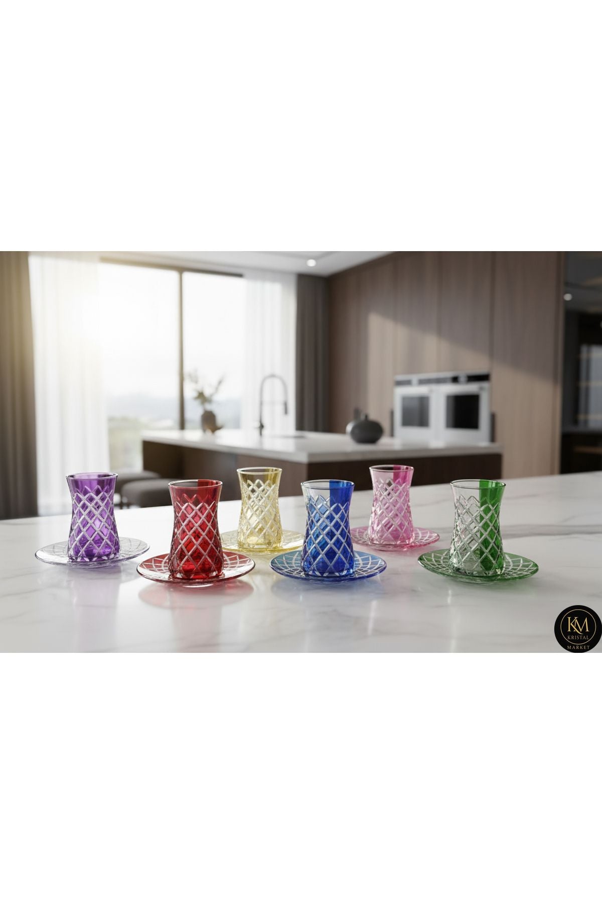 El Yapımı Kristal Split Çift Desen Çay Bardağı Seti 6'lı Ürün ana görseli