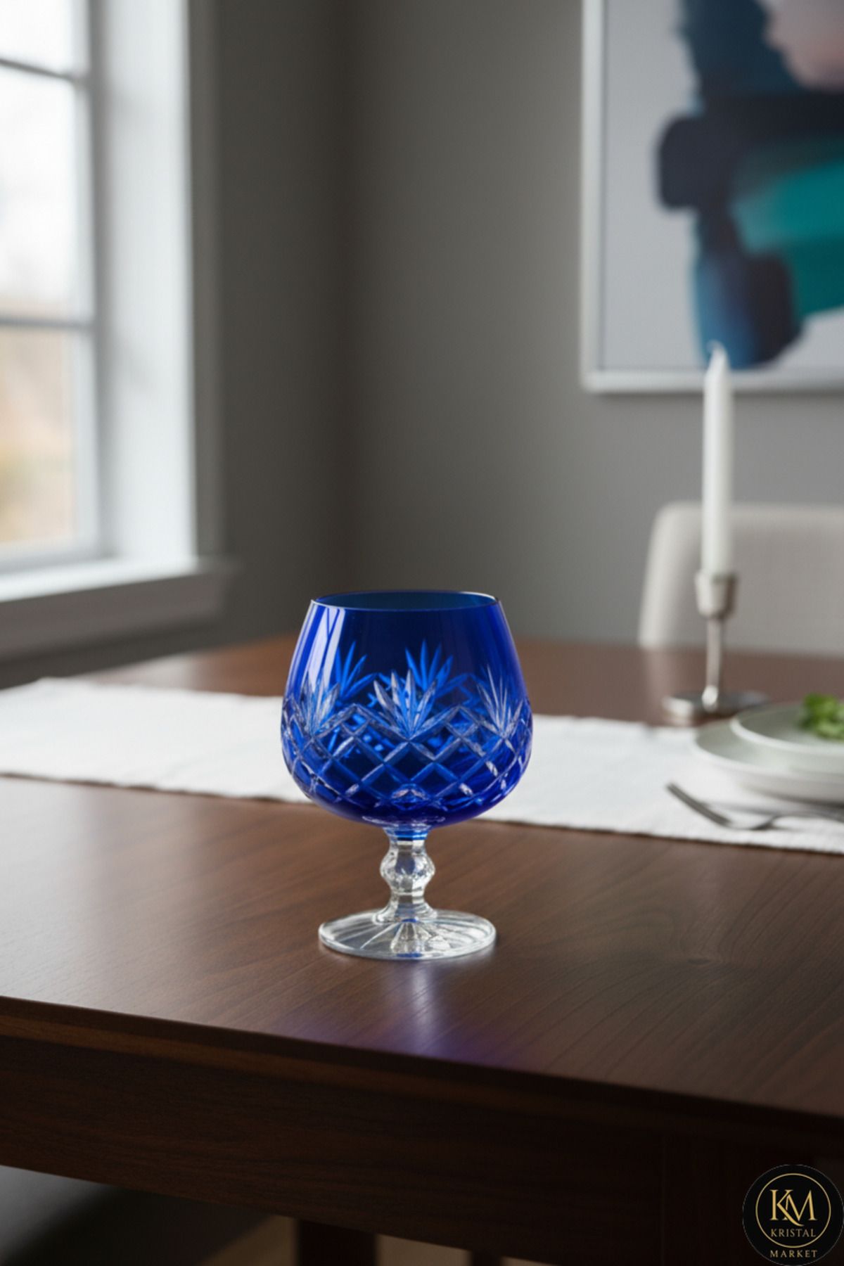 El Yapımı Kristal Bohemia Mavi Dekoratif Sunumluk Ayaklı Kadeh Kahve Yanı Su Bardağı Ürün ana görseli