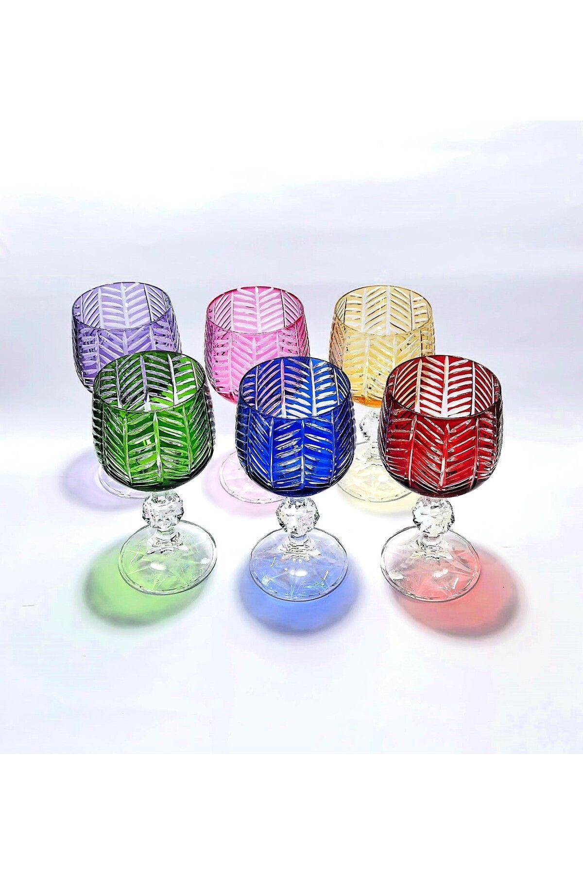 El Yapımı Kristal Bohemia Herringbone Desenli Renk Ayaklı Lüks Kahve Yanı Su Bardağı Set 6'lı Ürün ana görseli