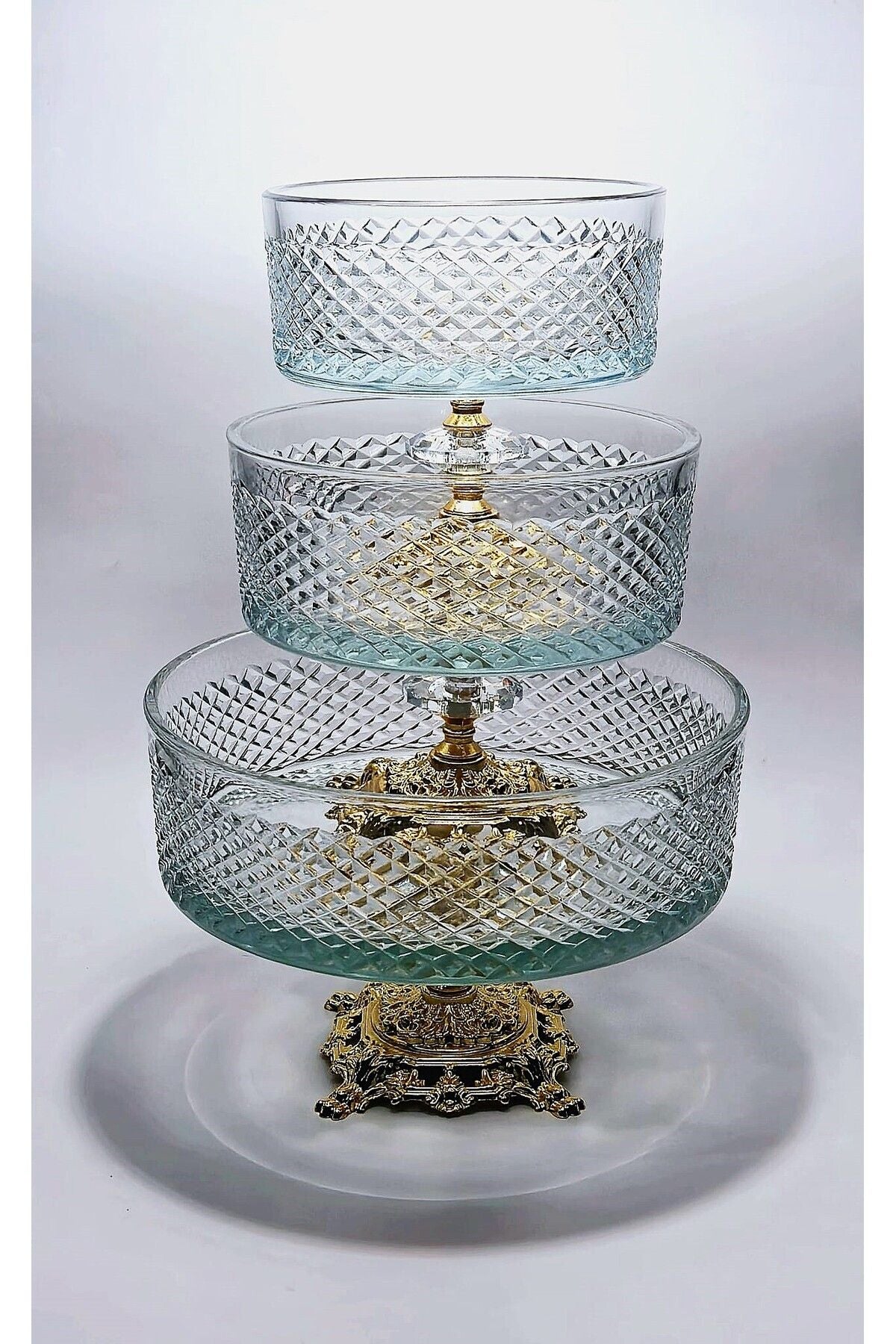 El Yapımı Kristal Karizma Desenli 25-19-16 Cm Dekoratif Sunumluk Ayaklı Kase Set 3'lü