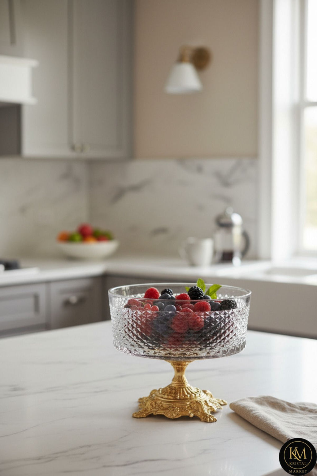 19cm Kesme Kristal Dekor Metal Ayak Cam Kase Karizma Desen