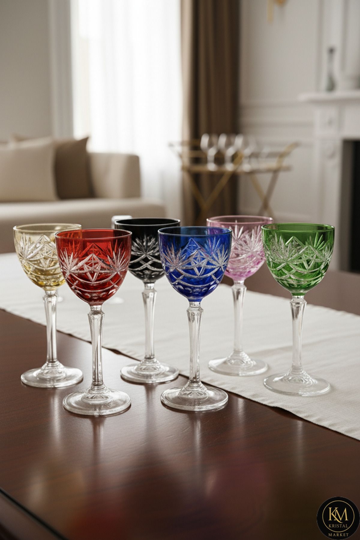 El Yapımı Kristal Star Rengarenk Dekoratif Sunumluk Kadeh Seti 6'lı Ürün ana görseli