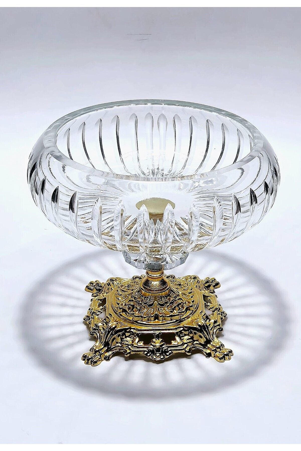 18 Cm Kesme Kristal Dekor Gold Ayak Cam Kase Vertical Desen