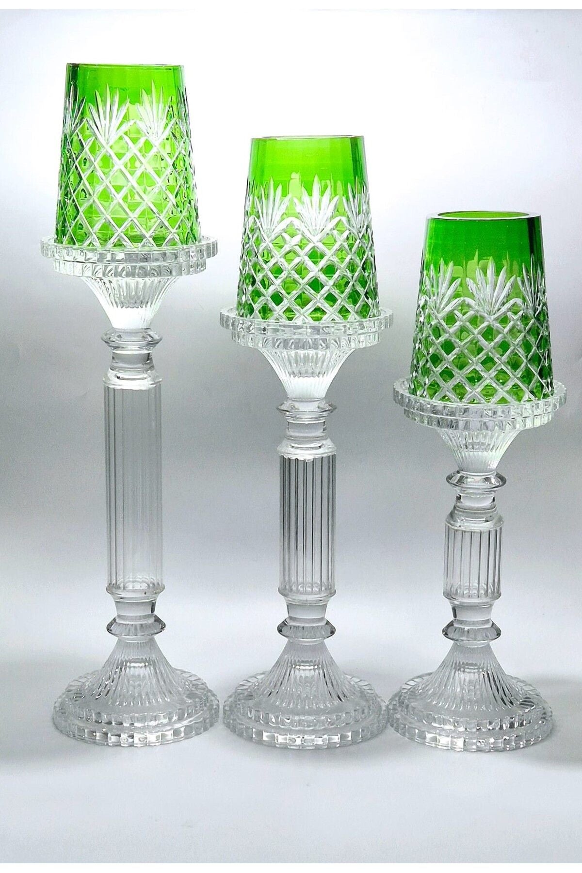 El Yapımı Kristal Desenli Yeşil Lüks Mumluk Şamdan Set 3'lü