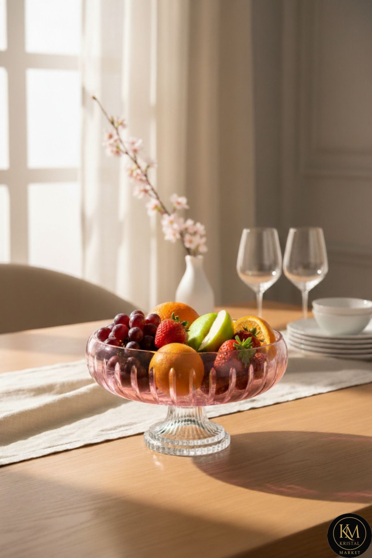 El Yapımı Kesme Kristal Vertical Desen 28 Cm Dekoratif Sunumluk Ayaklı Sofra Sunum Kasesi