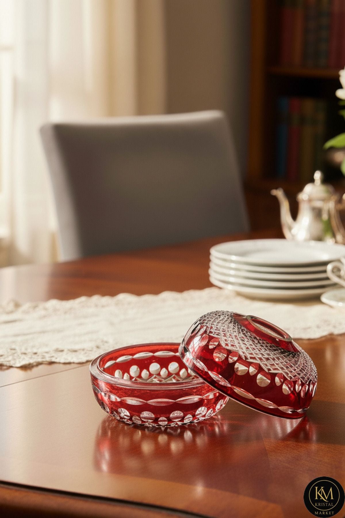 El Yapımı Kesme Kristal Royal Desen Dekoratif Sunumluk Kapalı Peçetelik Mumluk Ürün ana görseli