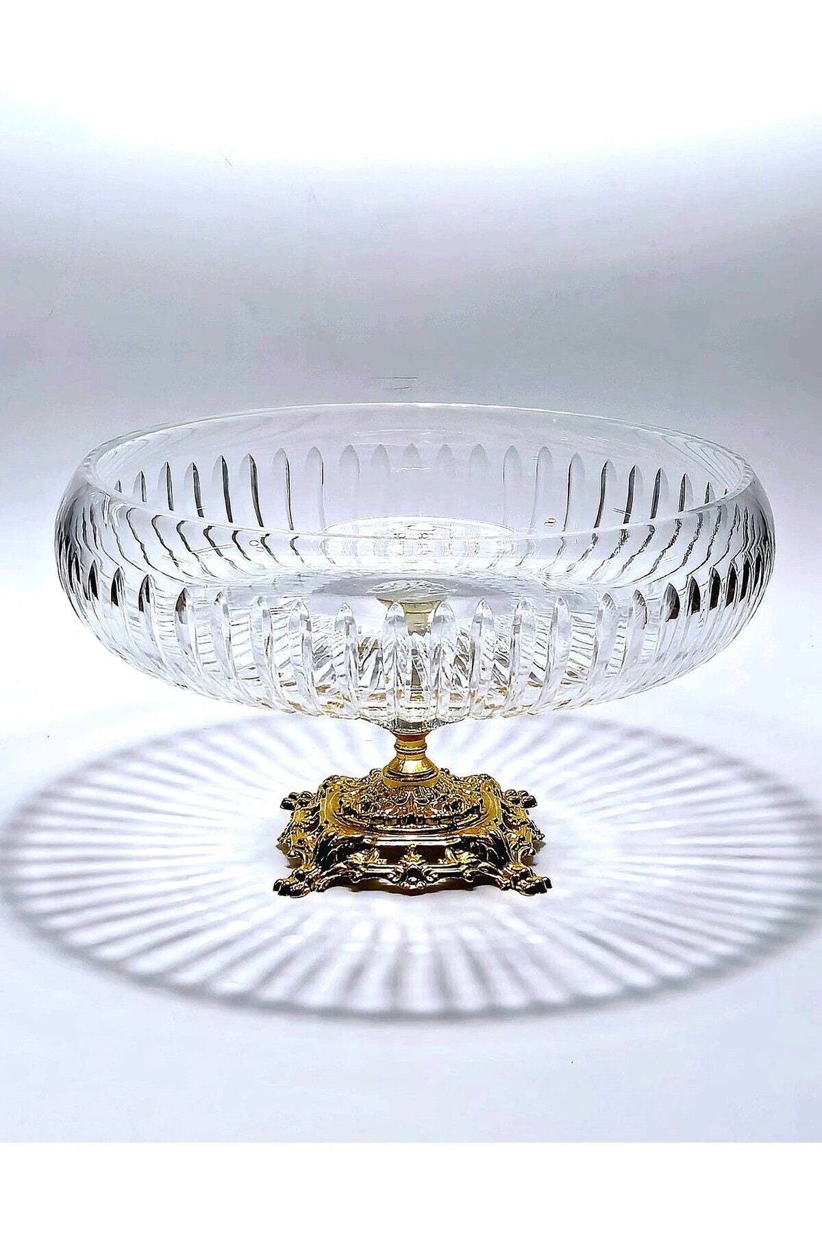 28cm Kesme Kristal Dekor Gold Ayak Cam Kase Vertical Desen