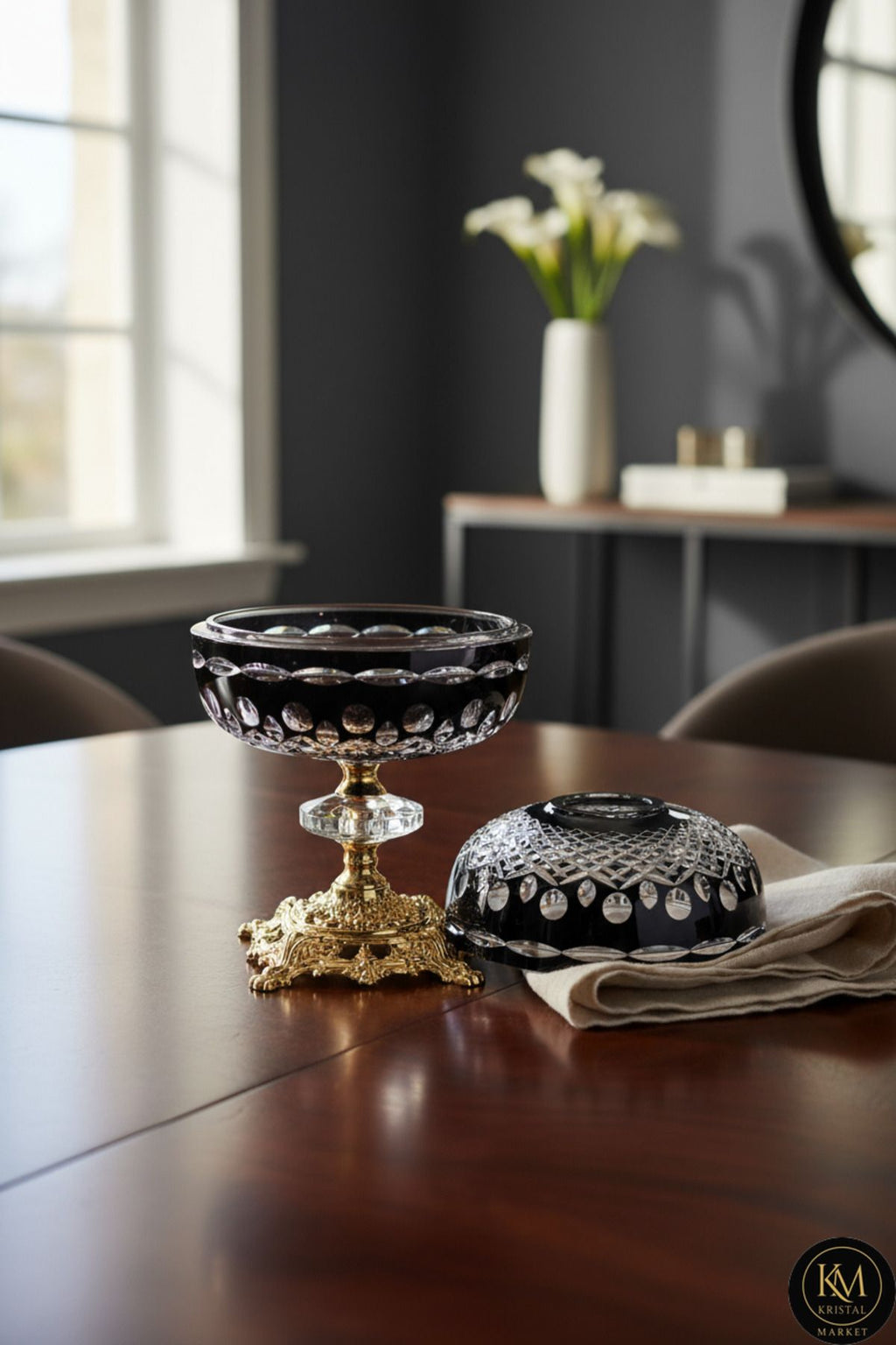 El Yapımı Kesme Kristal Royal Desen Dekoratif Sunumluk Kapalı Peçetelik Mumluk