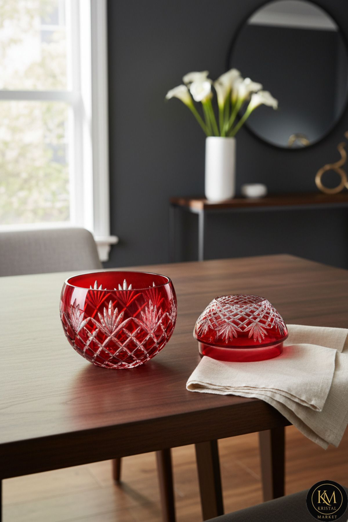 El Yapımı Kesme Kristal İzmir Desen Dekoratif Sunumluk Kapaklı Peçetelik Mumluk Ürün ana görseli