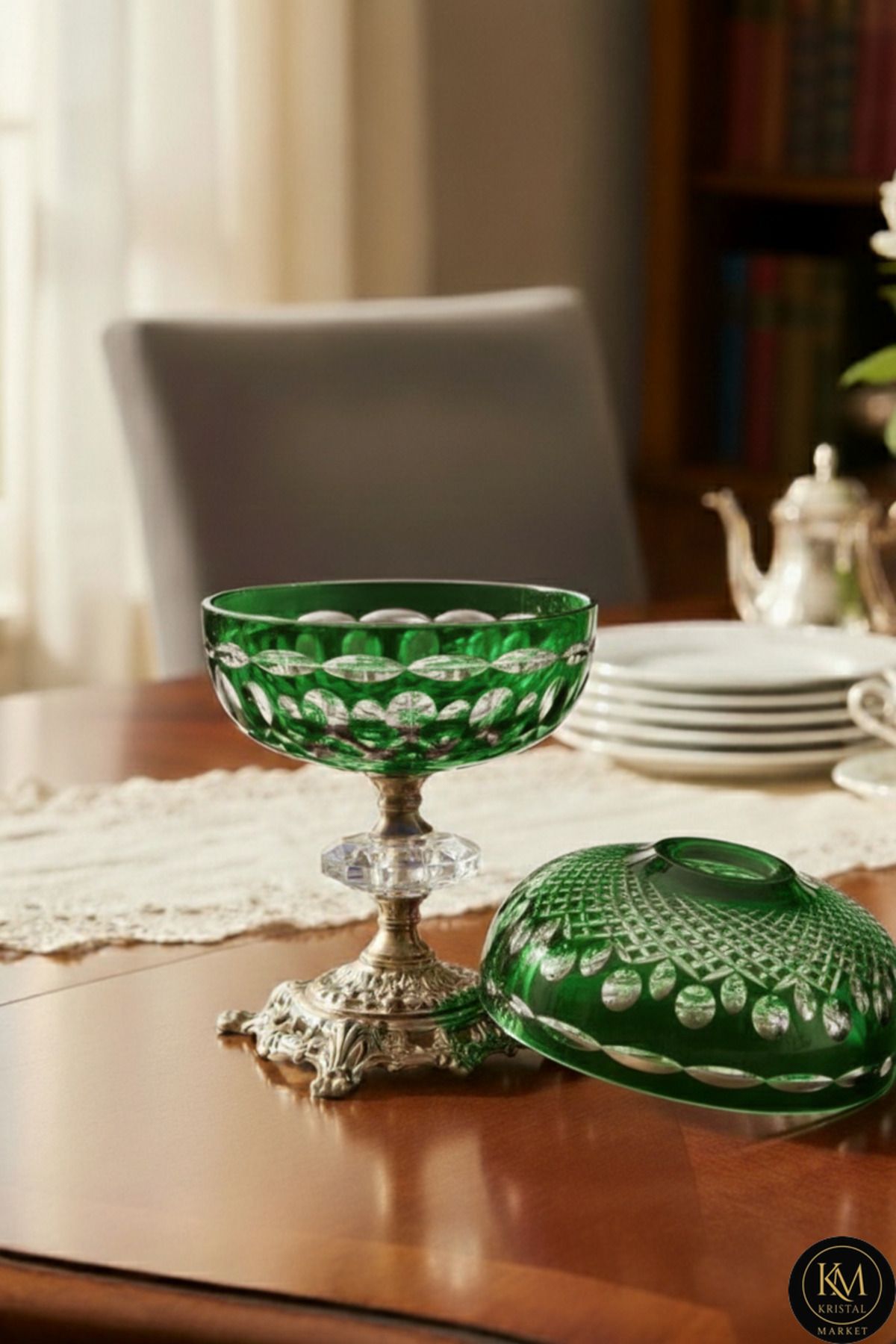 El Yapımı Kesme Kristal Royal Desen Dekoratif Sunumluk Kapalı Peçetelik Mumluk Ürün ana görseli