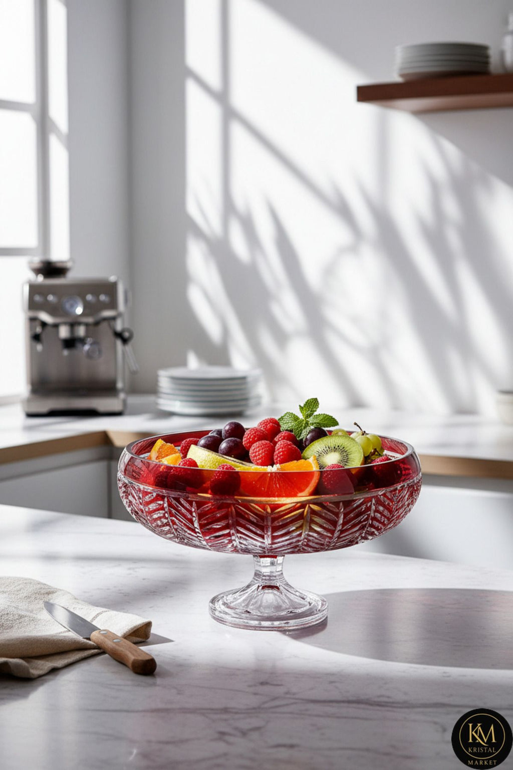 28cm Kesme Kristal Paris Dekor Kırmızı Ayaklı Kase Milas Desen