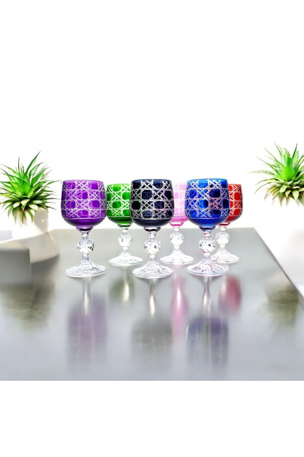 6 PARÇA RENKLİ LÜKS KRİSTAL AYAKLI KADEH KAHVE YANI SU BARDAĞI