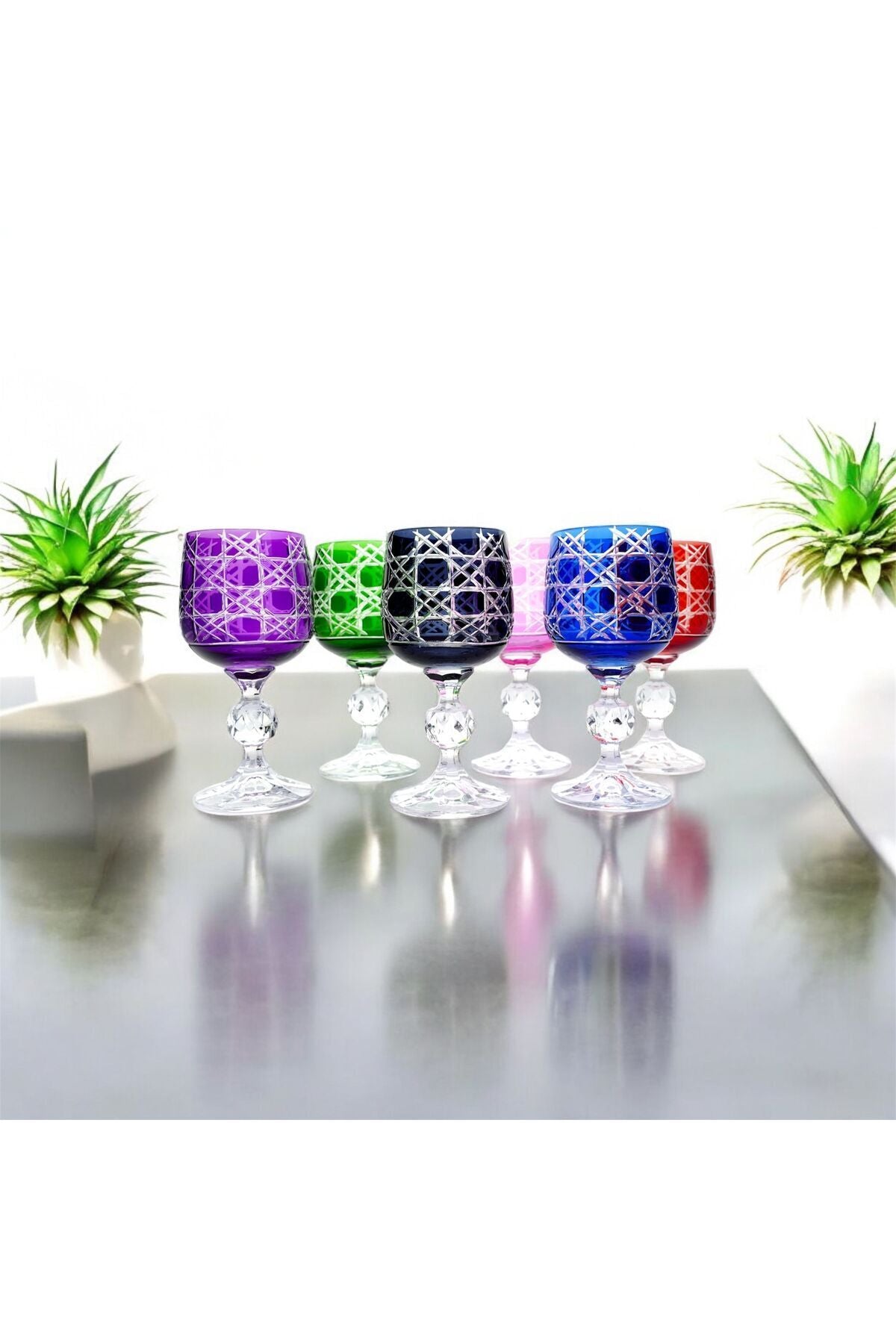 6 PARÇA RENKLİ LÜKS KRİSTAL AYAKLI KADEH KAHVE YANI SU BARDAĞI