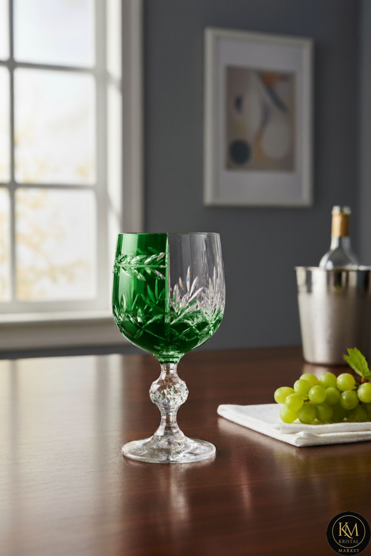 El Yapımı Kristal Bohemia Yeşil Çift Renk Dekoratif Sunumluk Ayaklı Kadeh Kahve Yanı Su Bardağı Ürün ana görseli