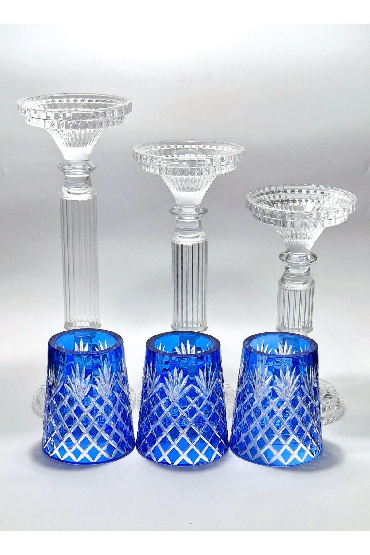 El Yapımı Kristal Desenli Mavi Lüks Mumluk Şamdan Set 3'lü