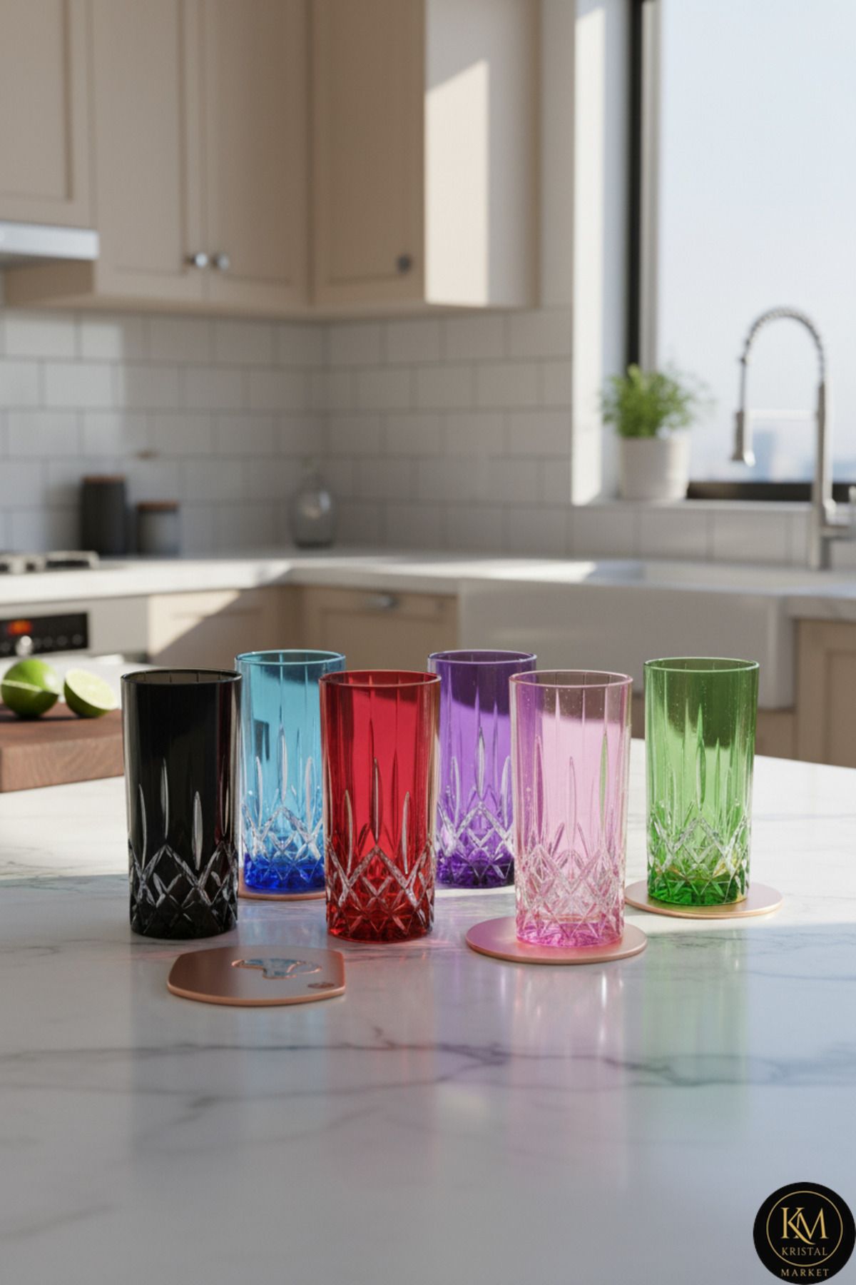 El Yapımı Kristal Cristalleria Italiana Renk Su Bardağı Takımı 6'lı Ürün ana görseli