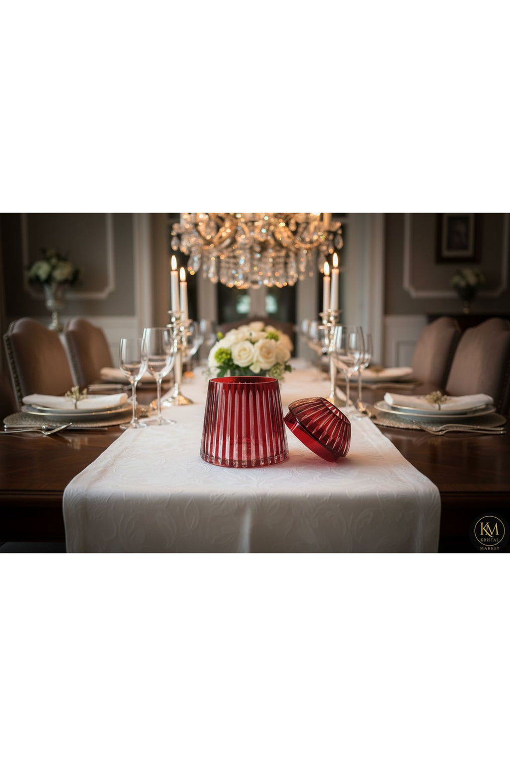 El Yapımı Kesme Kristal Merkür Vertical Desen Dekoratif Sunumluk Kapaklı Peçetelik Mumluk