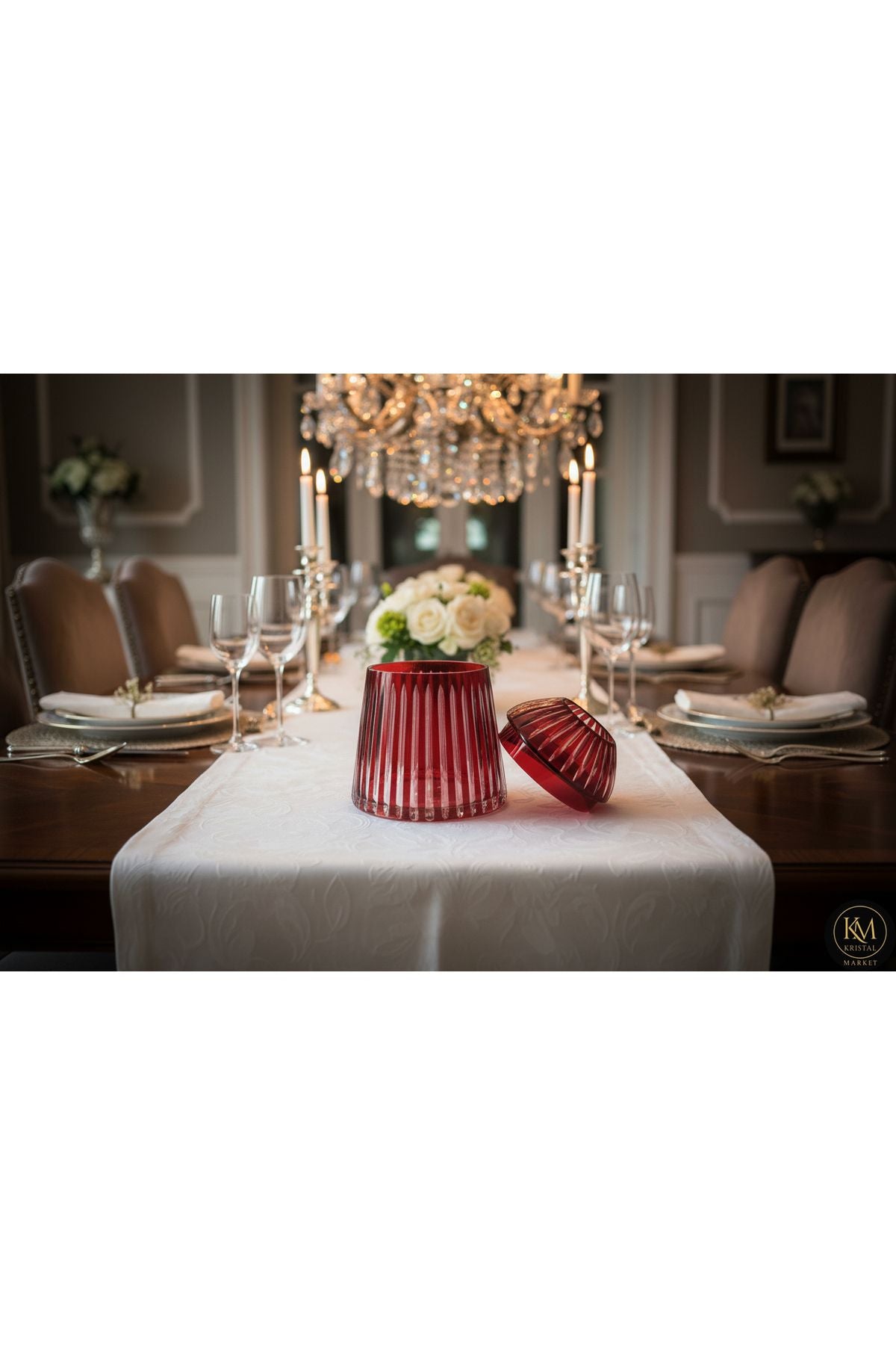 El Yapımı Kesme Kristal Merkür Vertical Desen Dekoratif Sunumluk Kapaklı Peçetelik Mumluk