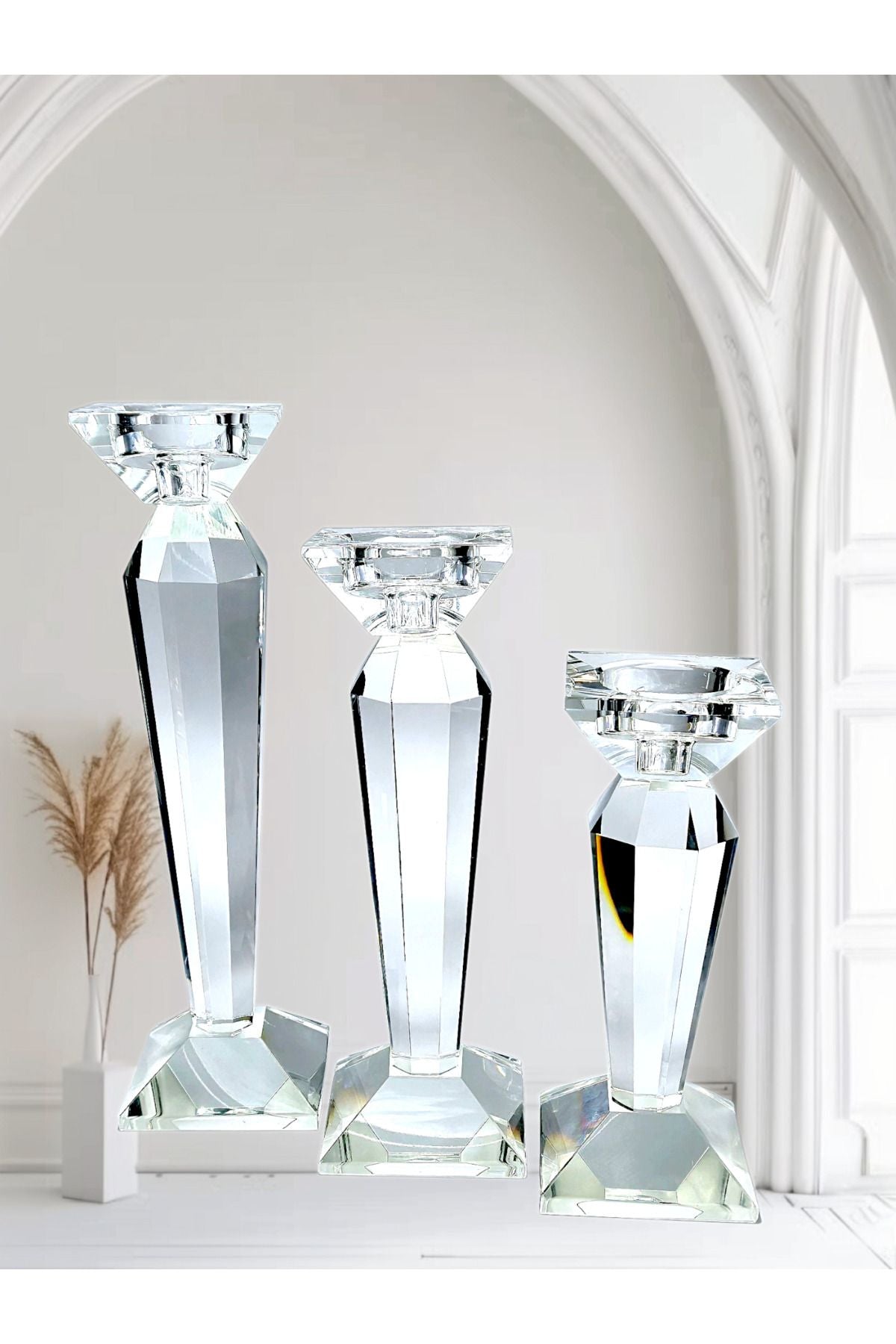 El Yapımı Kristal Lüks Mumluk Şamdan Set 3'lü