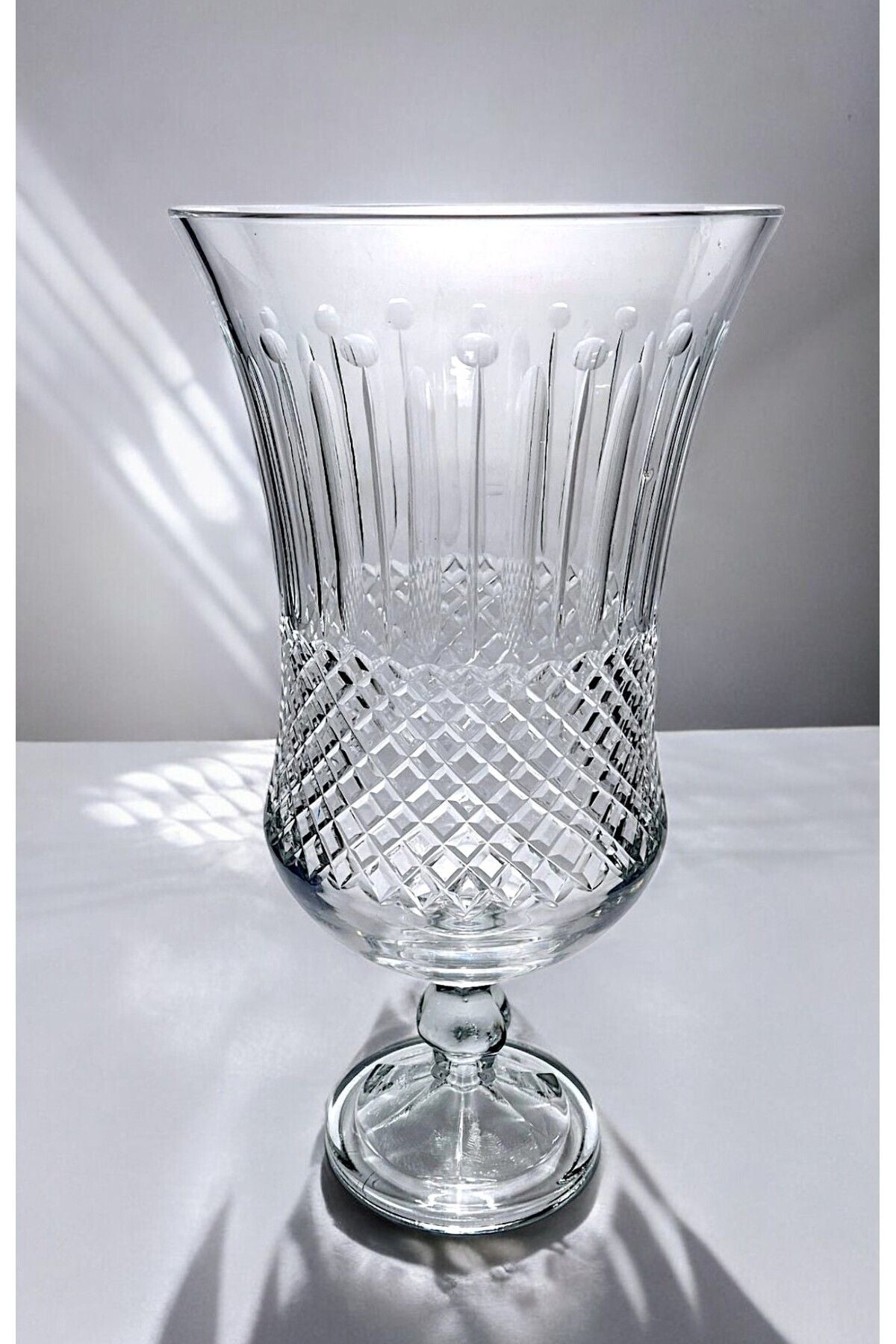 El Yapımı Kristal Desenli Şeffaf Büyük Boy Beykoz Desen Dekoratif Vazo Ürün ikincil görseli