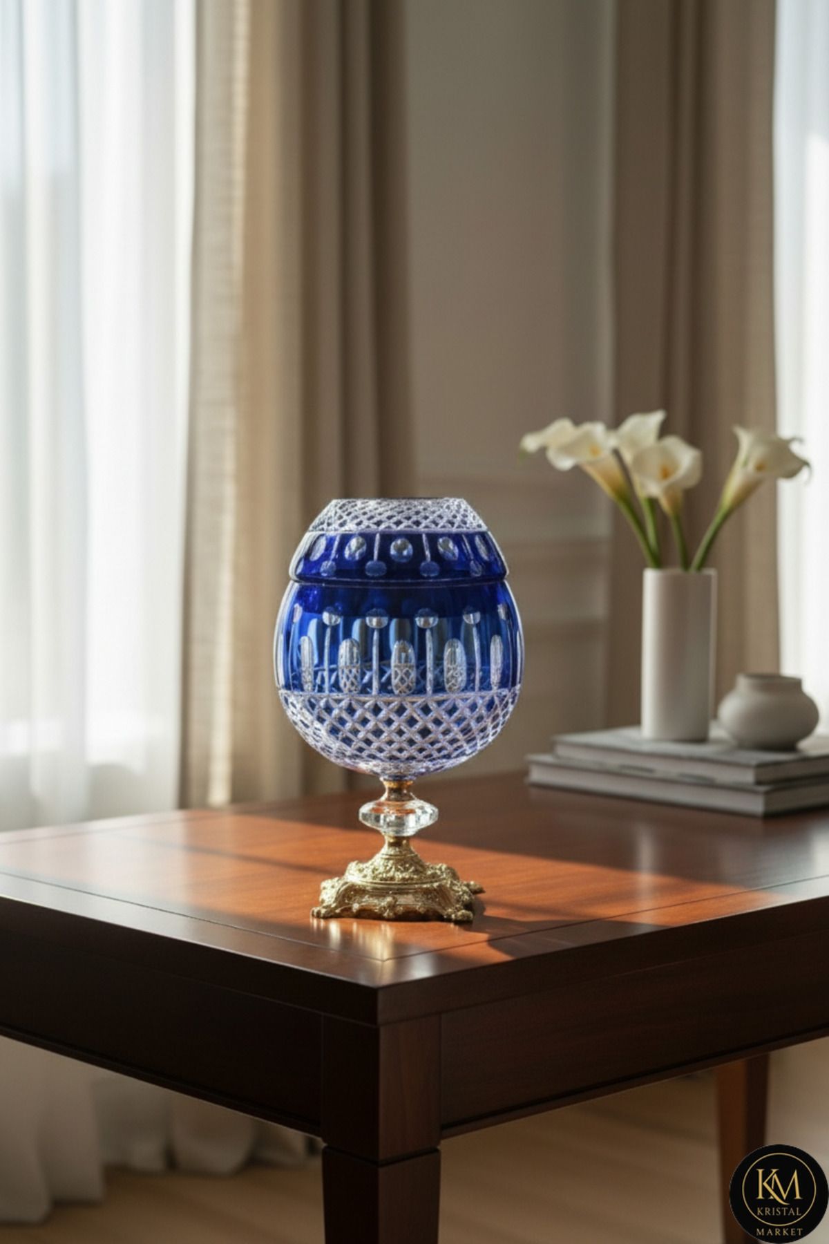 El Yapımı Kristal Kesme Desen Büyük Dekoratif Ayaklı Peçetelik Mumluk Ürün ana görseli