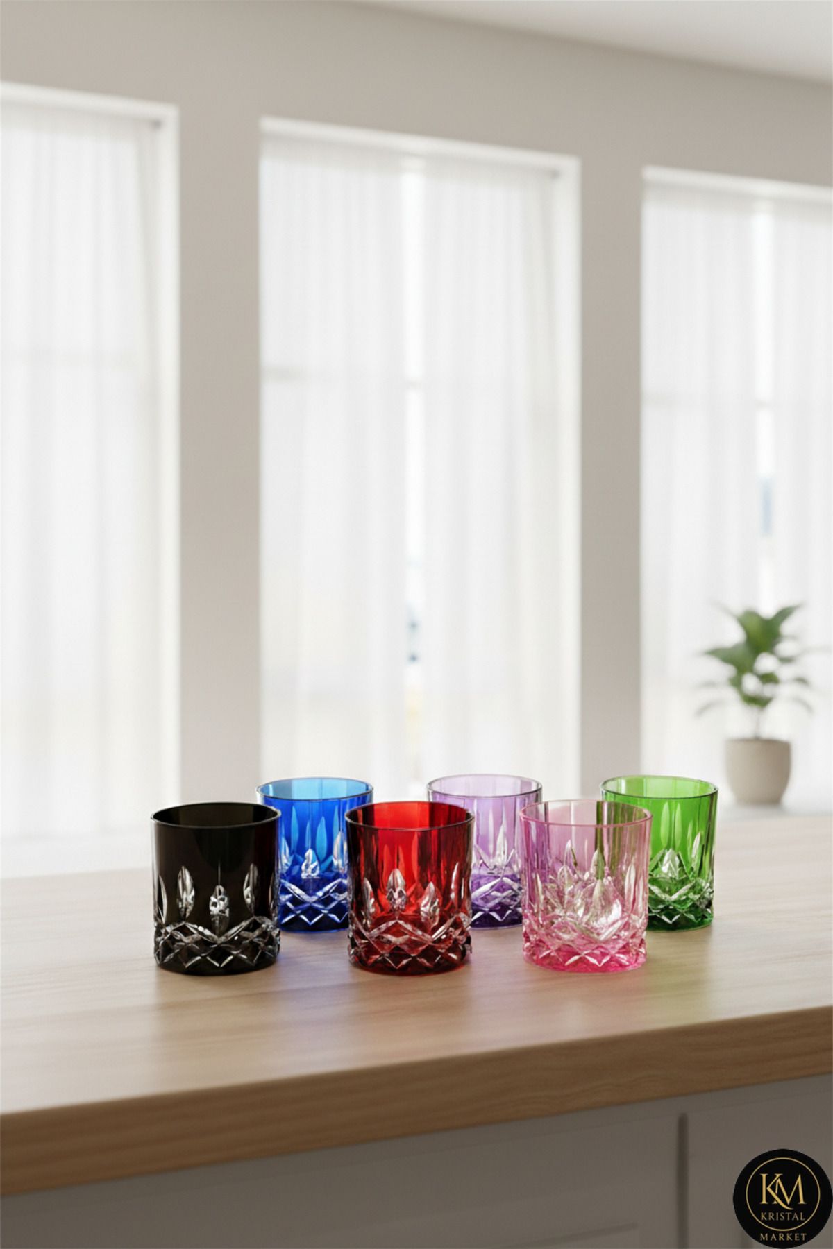 El Yapımı Kristal Cristalleria Italiana Renk Su Bardağı Takımı 6'lı