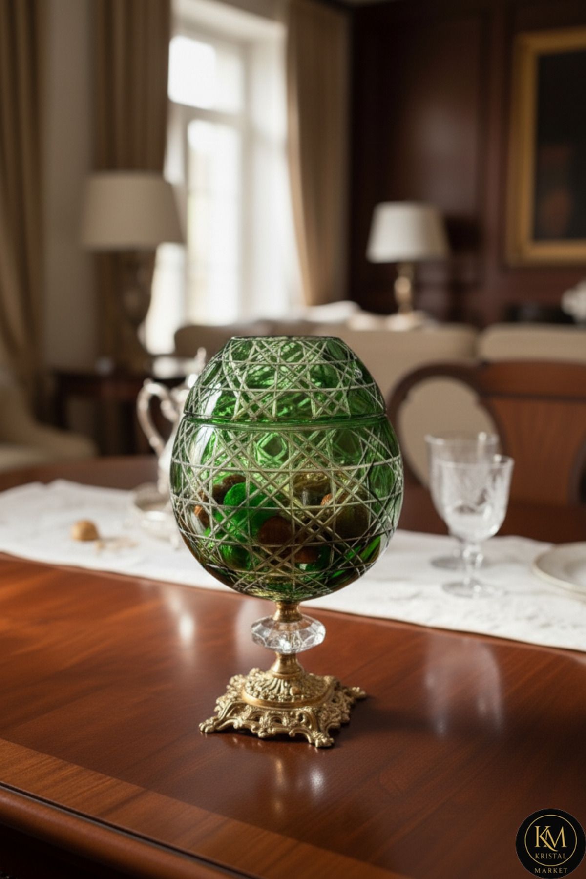 El Yapımı Kristal Kesme Desen Büyük Dekoratif Ayaklı Peçetelik Mumluk Ürün ana görseli