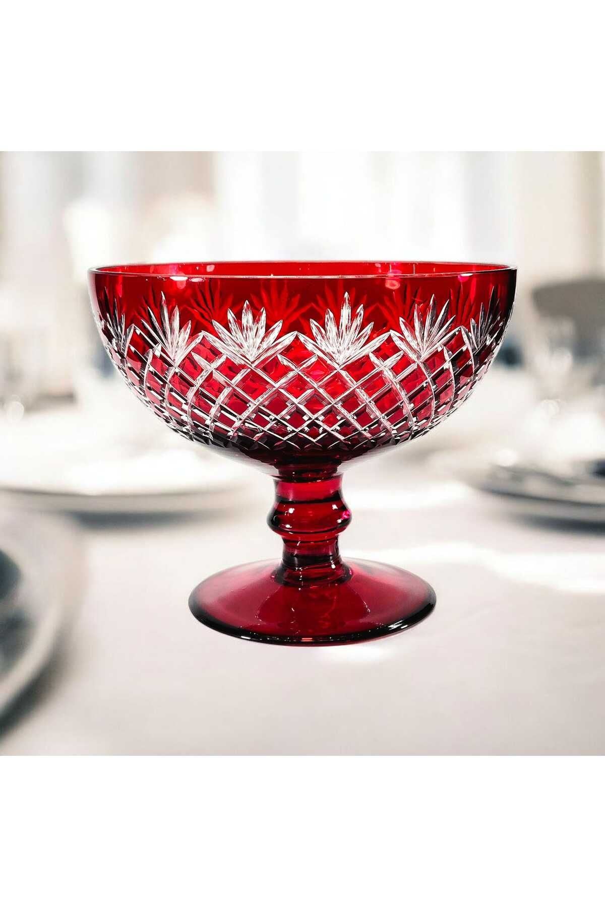 El Yapımı Kristal Kesim Püskül Desenli Kırmızı Renk Dekoratif Sunumluk Meyvelik Kase Ürün ana görseli