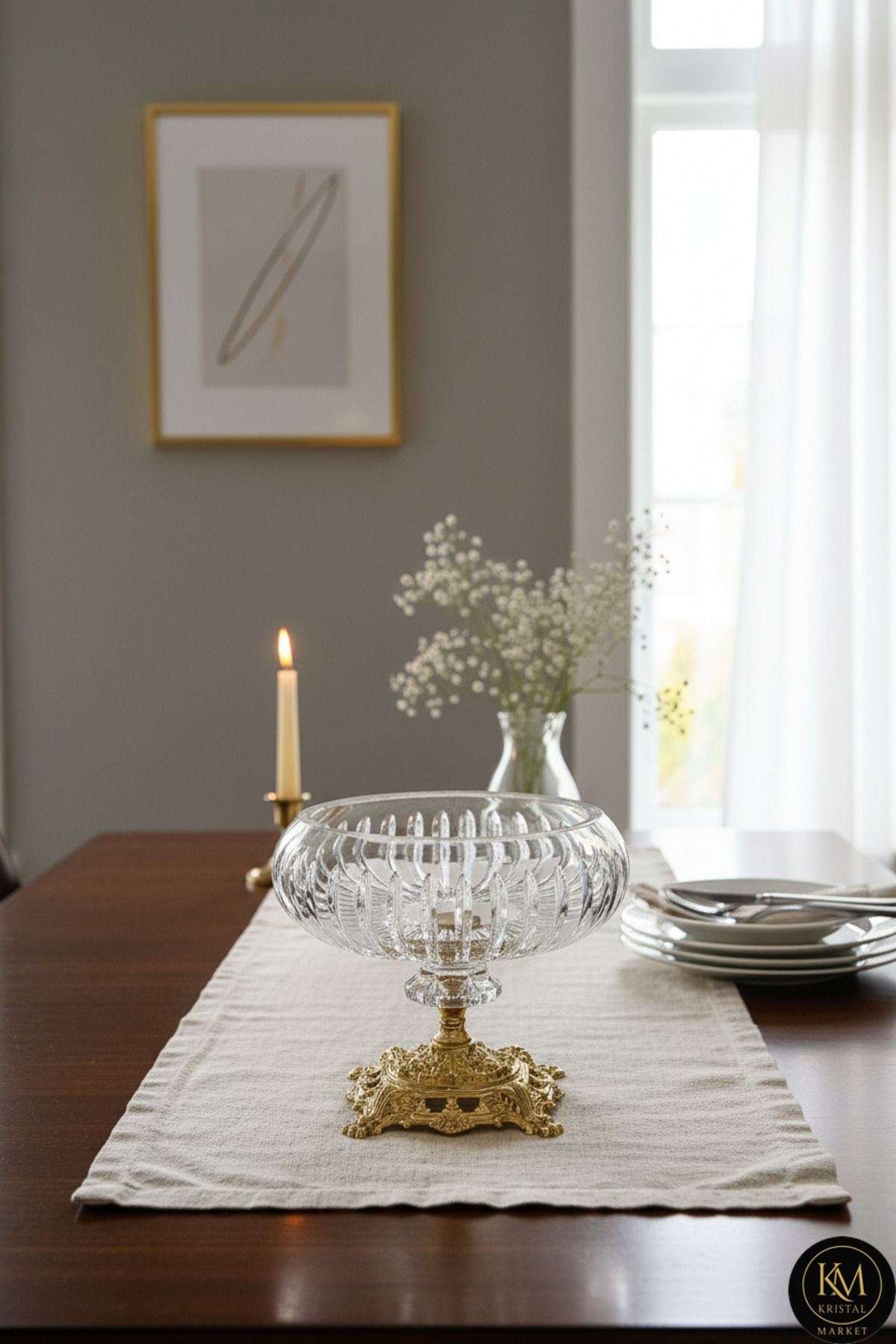 18 Cm Kesme Kristal Dekor Gold Ayak Cam Kase Vertical Desen Ürün ikincil görseli