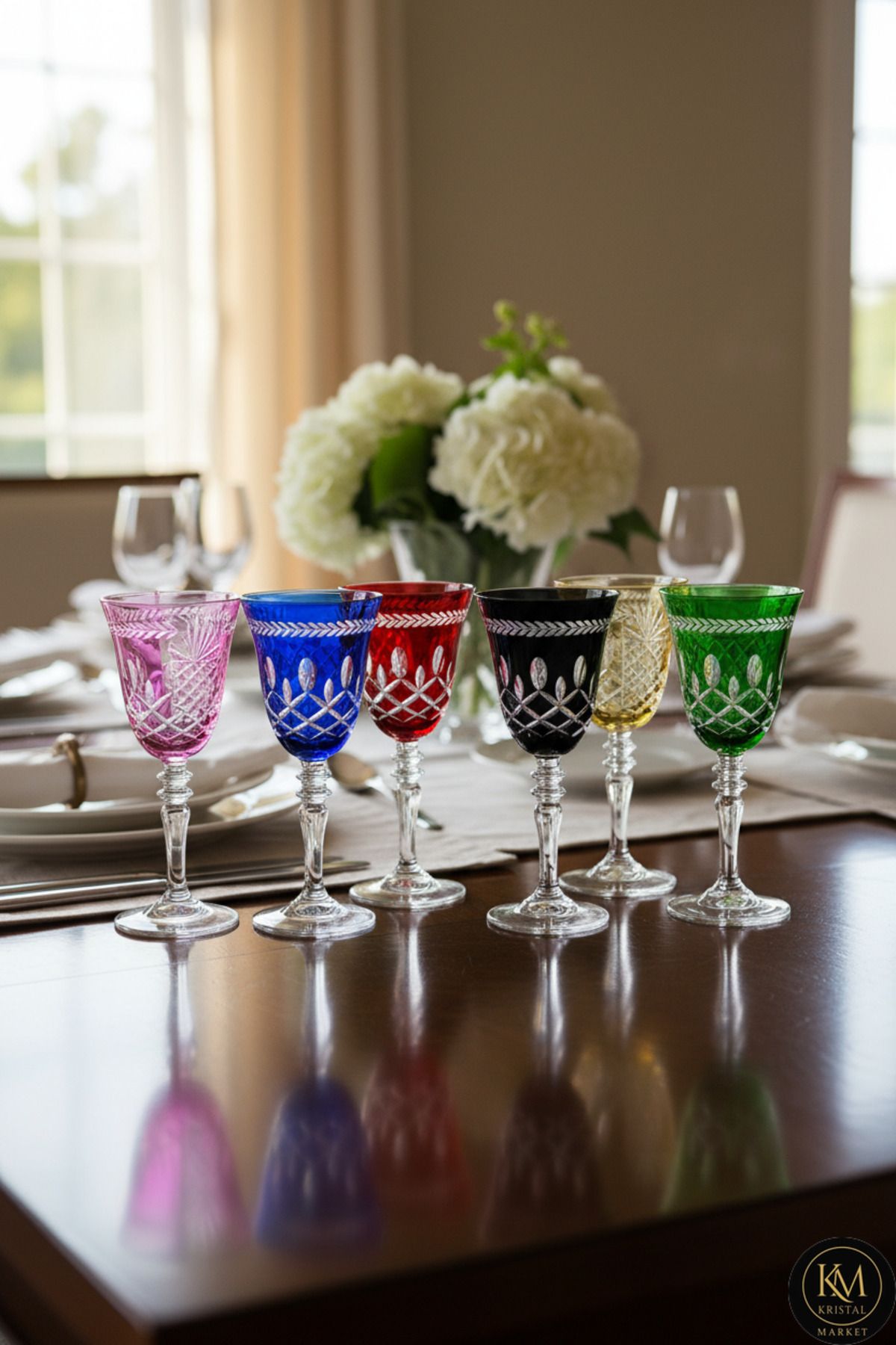 El Yapımı Kristal River Çift Renk Dekoratif Sunumluk Kadeh Seti 6'lı Ürün ana görseli