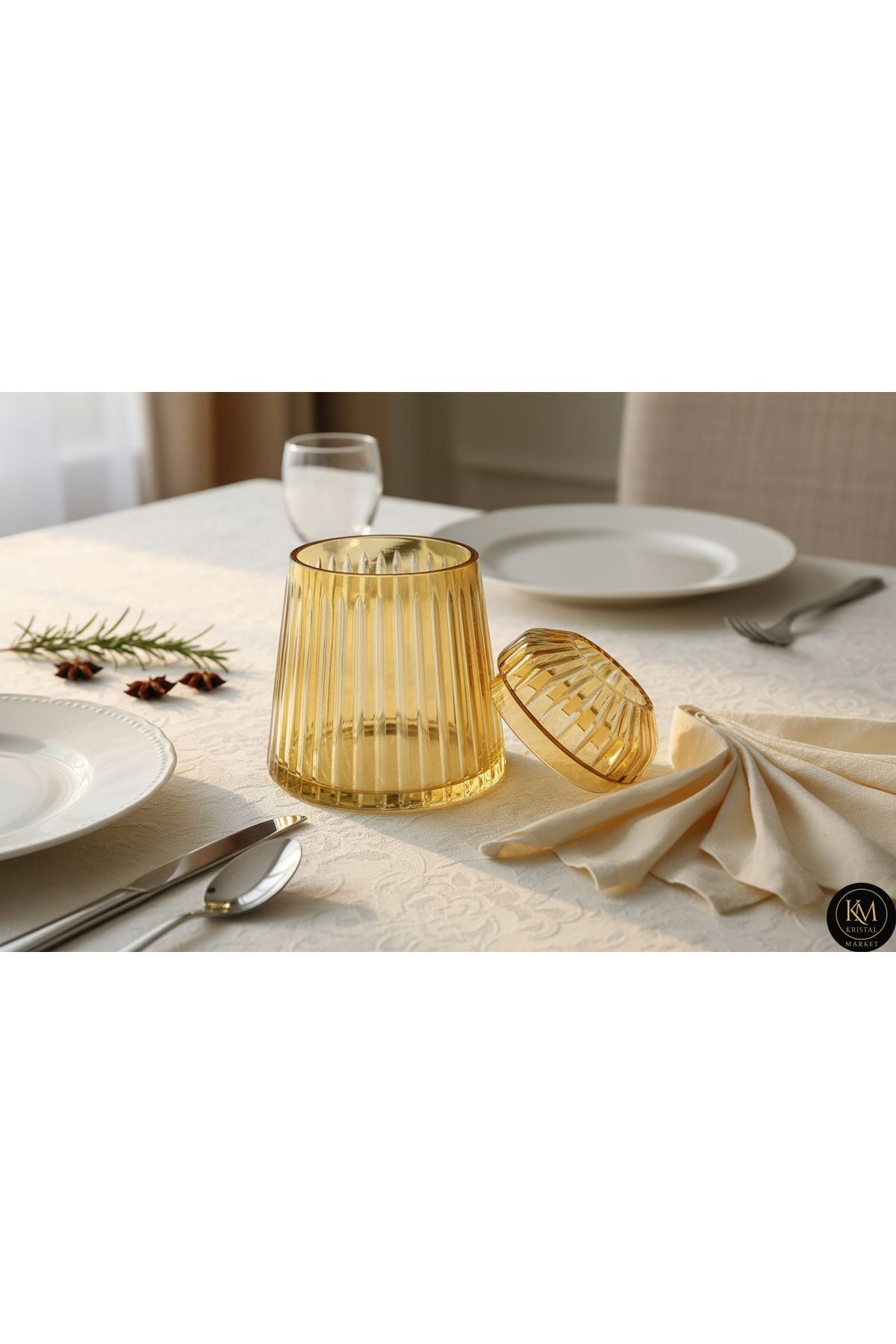 El Yapımı Kesme Kristal Merkür Vertical Desen Dekoratif Sunumluk Kapalı Peçetelik Mumluk