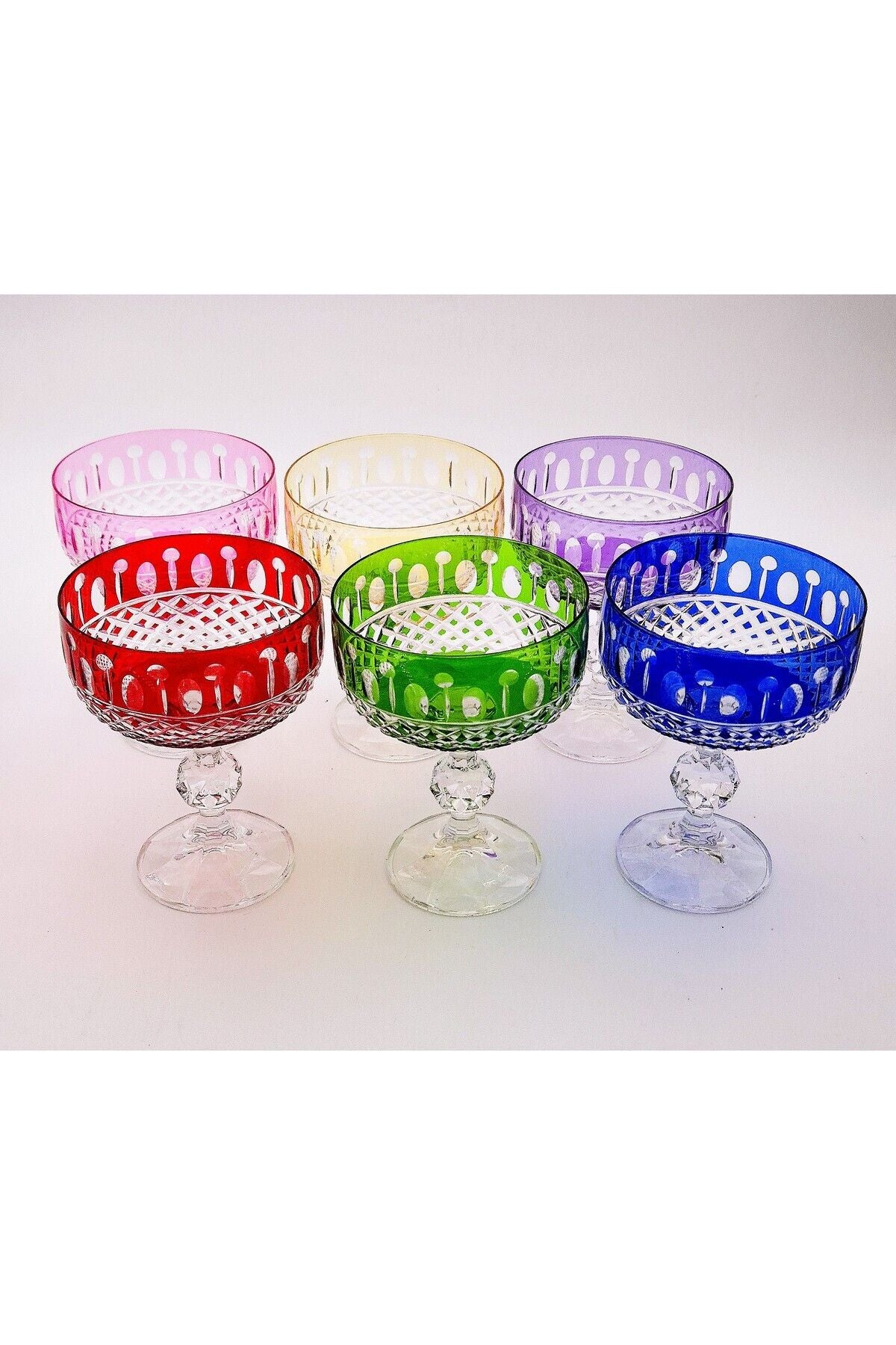 El Yapımı Kristal Bohemia Lüks Royal Desen 200ml Dekoratif Sunumluk Ayaklı Dondurmalık Kase Set 6'lı
