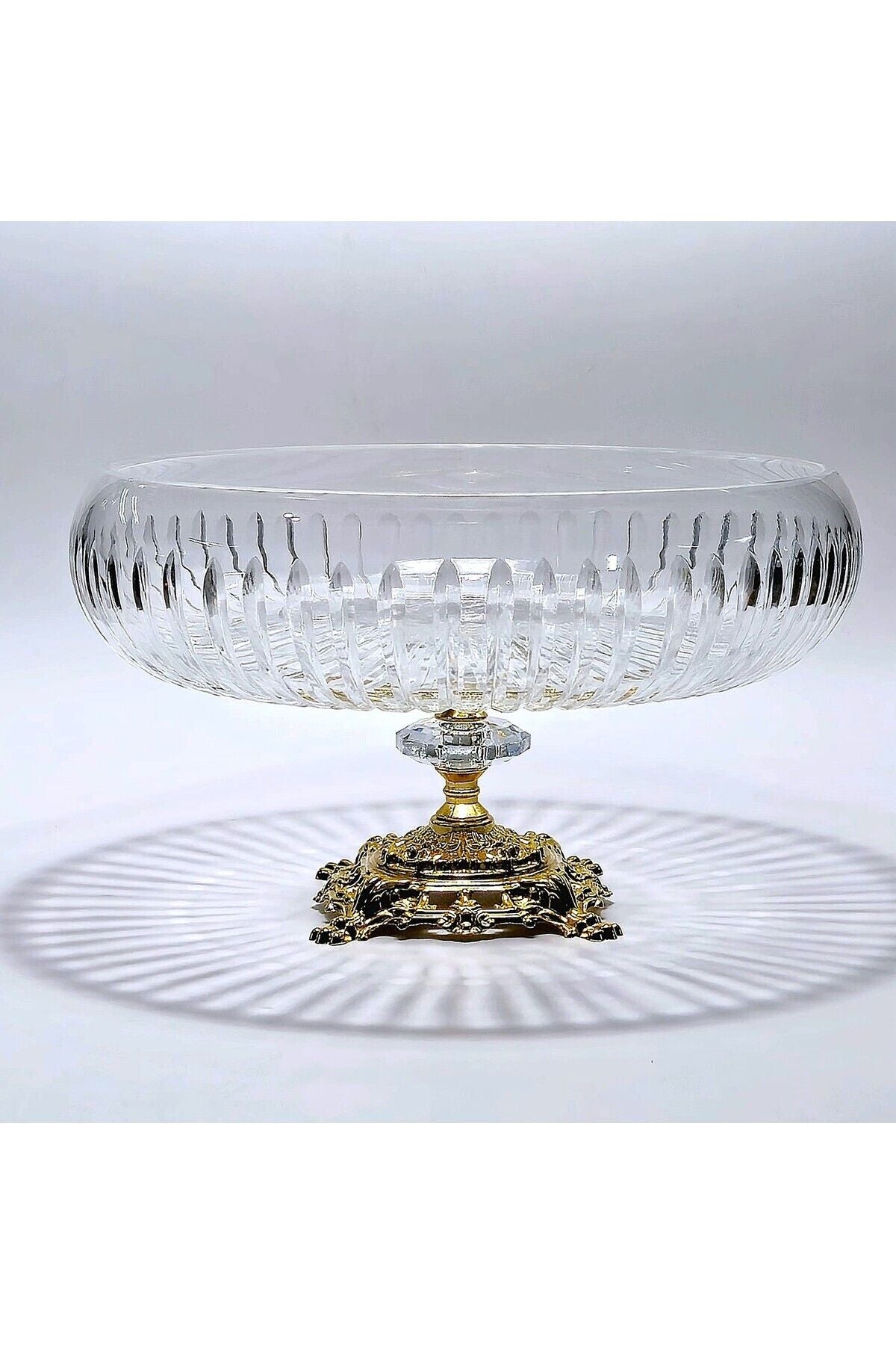 28cm Kesme Kristal Dekor Gold Ayak Cam Kase Vertical Desen