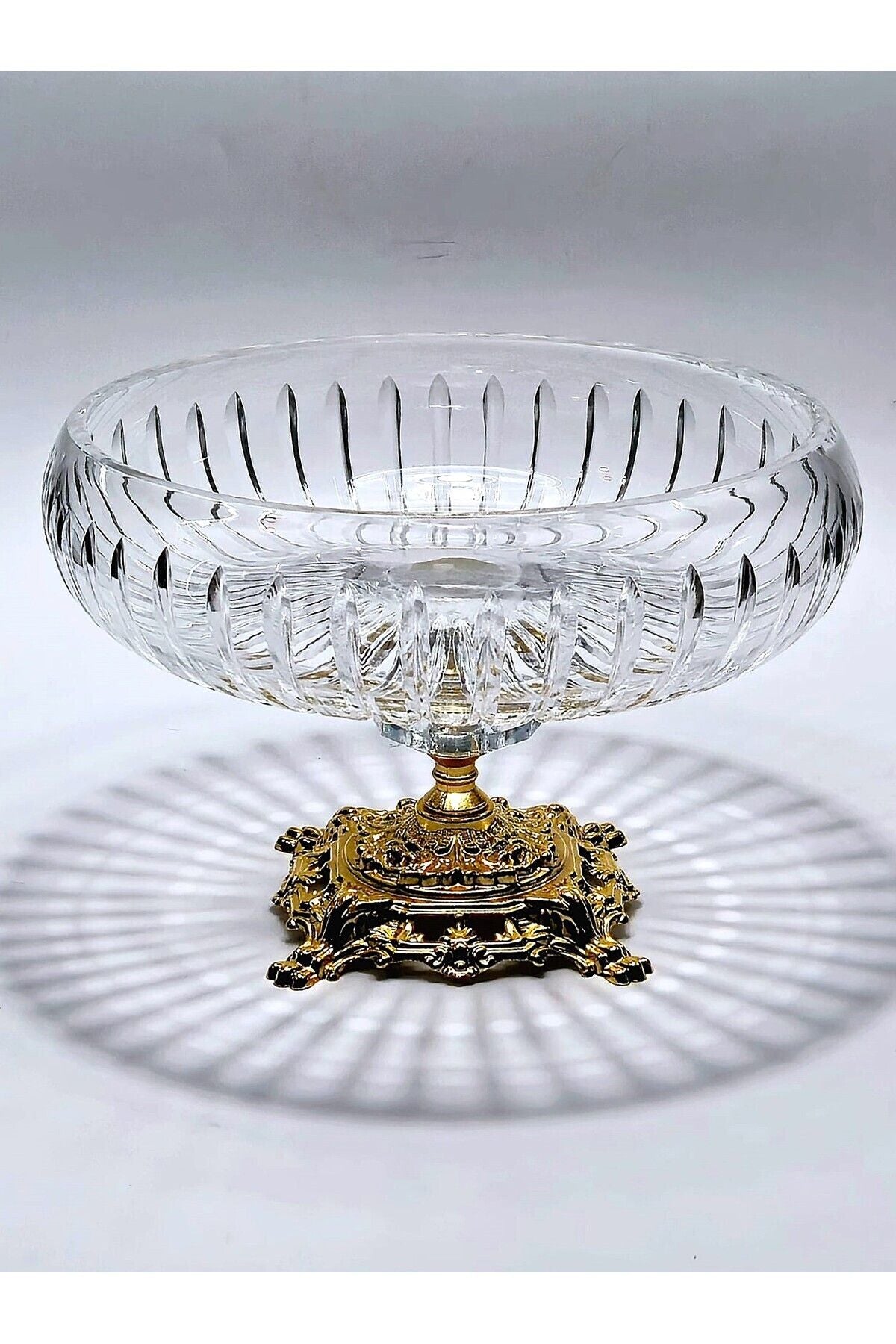 22cm Kesme Kristal Dekor Gold Ayak Cam Kase Vertical Desen