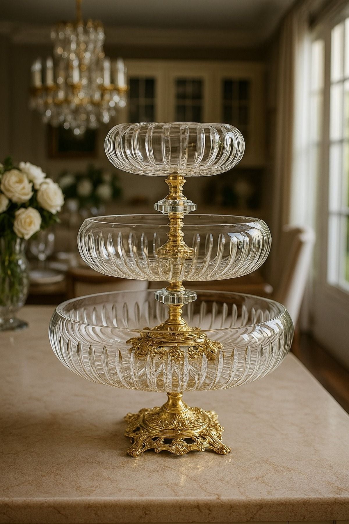 El Yapımı Kristal Vertical Desenli 28-22-16 Cm Dekoratif Sunumluk Ayaklı Kase Set 3'lü Ürün ana görseli