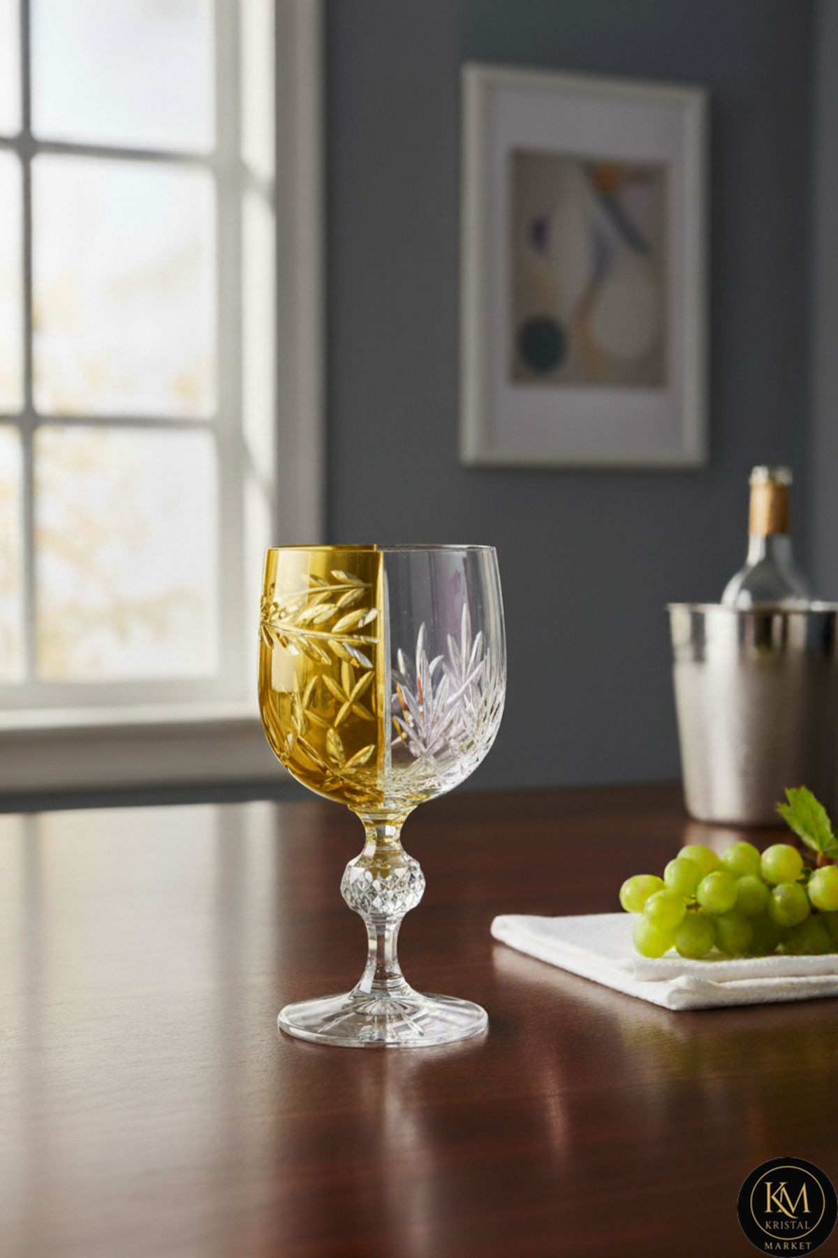 El Yapımı Kristal Bohemia Sarı Çift Renk Dekoratif Sunumluk Ayaklı Kadeh Kahve Yanı Su Bardağı Ürün ana görseli