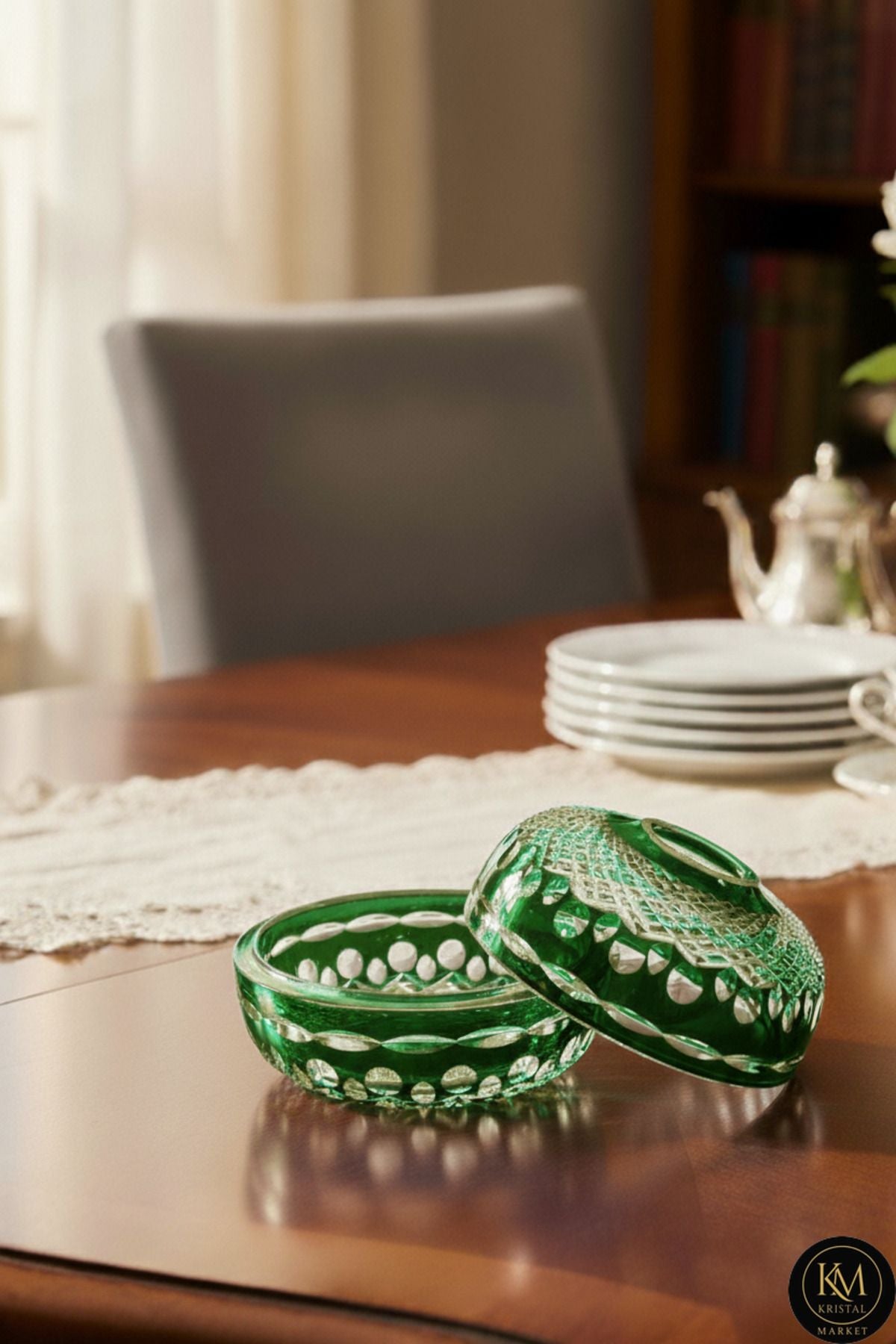 El Yapımı Kesme Kristal Royal Desen Dekoratif Sunumluk Kapalı Peçetelik Mumluk