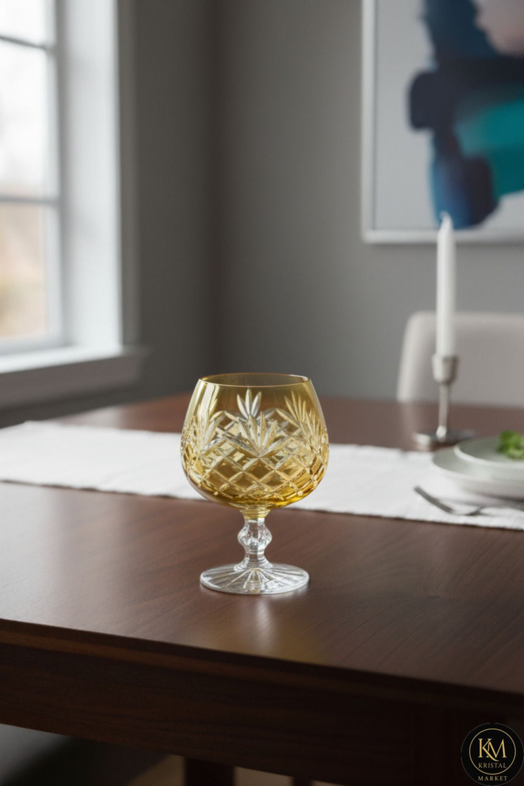 El Yapımı Kristal Bohemia Sarı Dekoratif Sunumluk Ayaklı Kadeh Kahve Yanı Su Bardağı
