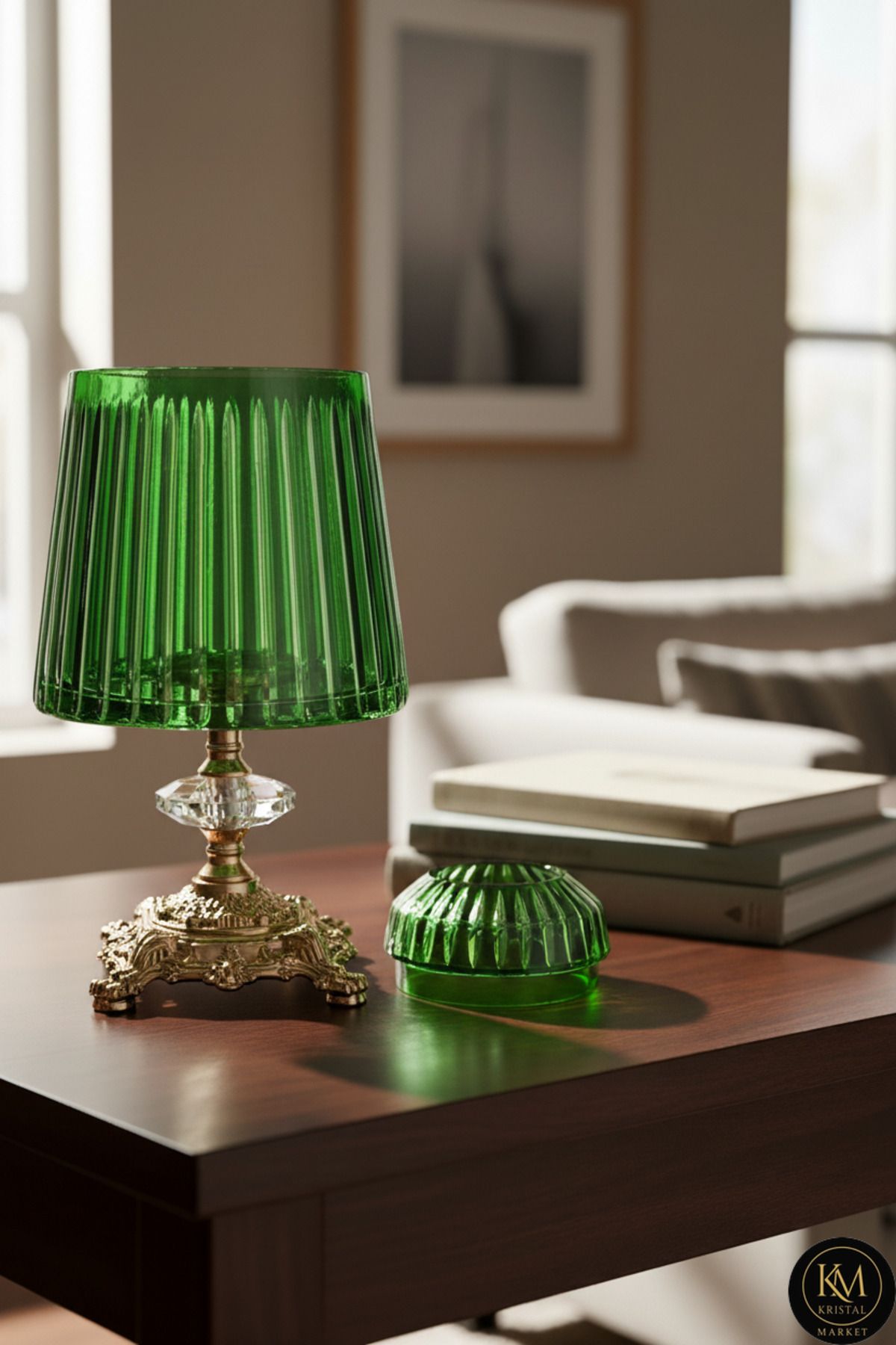 El Yapımı Kesme Kristal Merkür Vertical Desen Dekoratif Sunumluk Kapaklı Peçetelik Mumluk Yeşil Ürün ana görseli