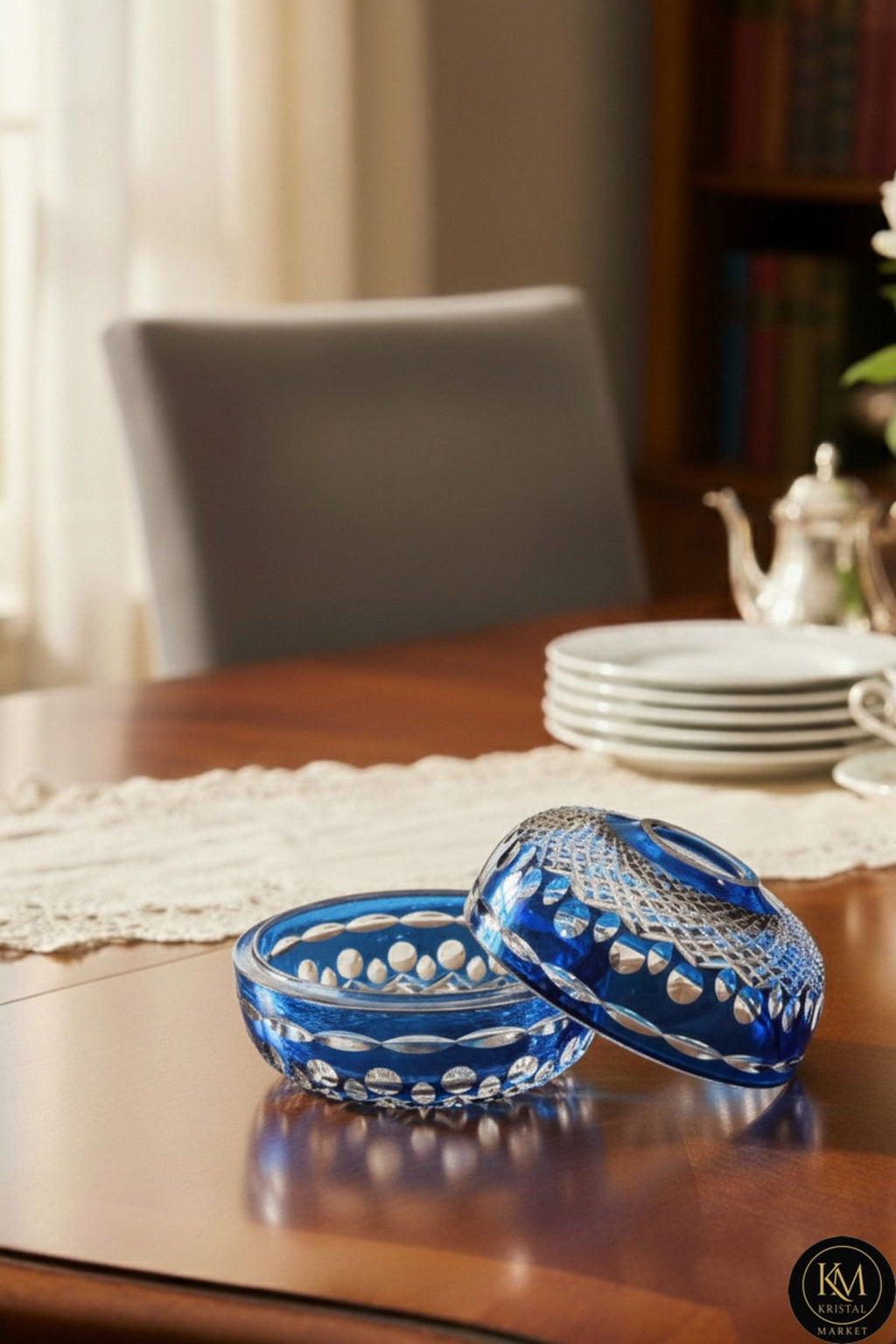 El Yapımı Kesme Kristal Royal Desen Dekoratif Sunumluk Kapalı Peçetelik Mumluk